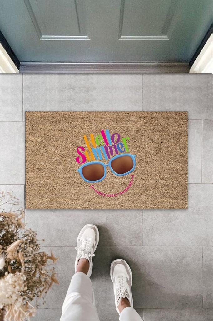 Kahverengi Kapı Önü Paspası Hello Summer Gözlük Desen  K-3266