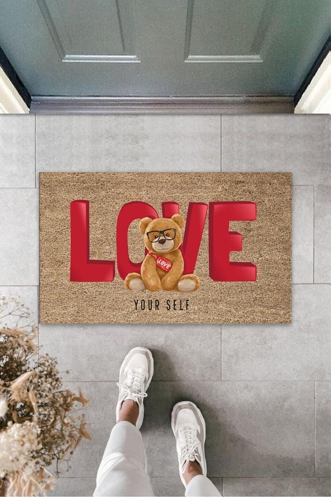 Kahverengi Kapı Önü Paspası Love Ayıcık Desen  K-3252