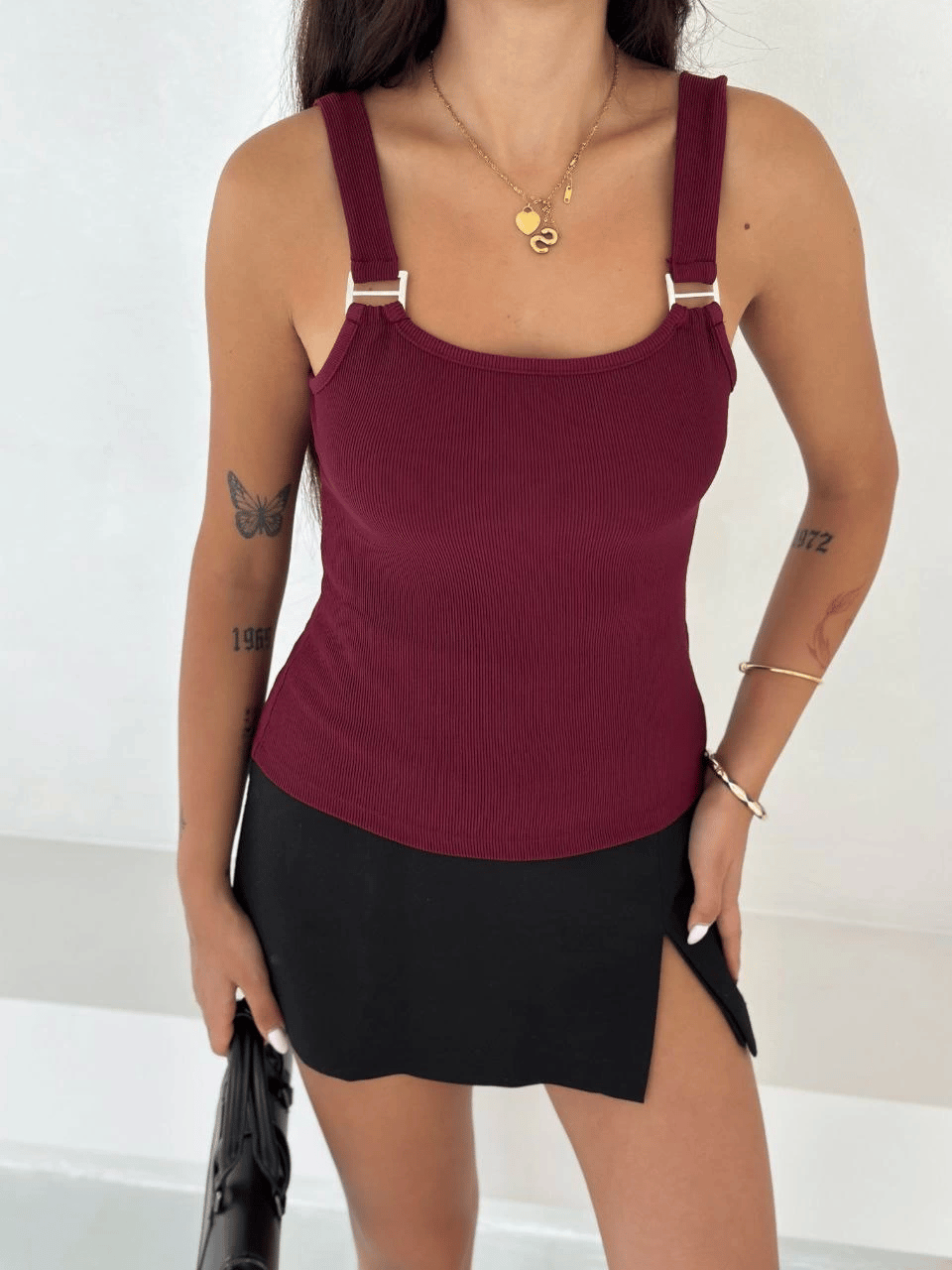 Ottoman toka askılı bluz bordo s4194