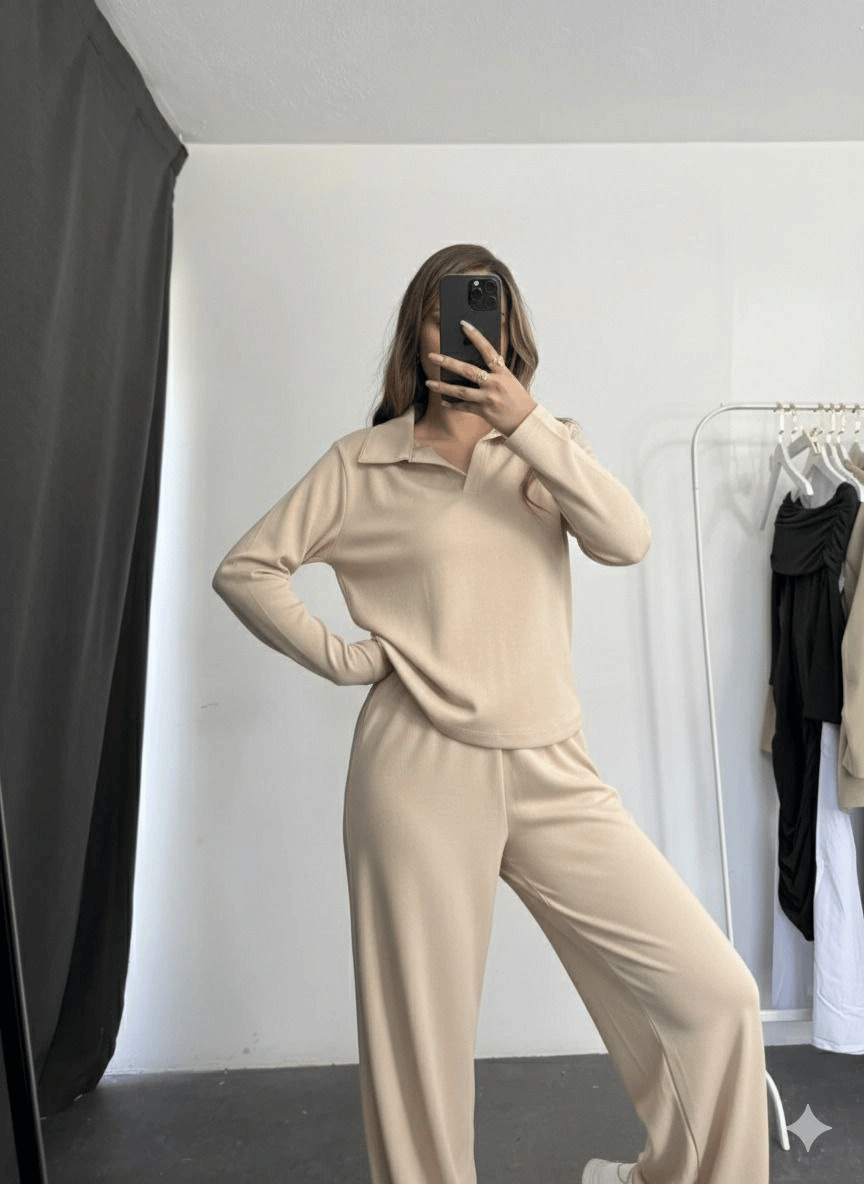 Polo yaka alt üst kollu modal takım bej pt