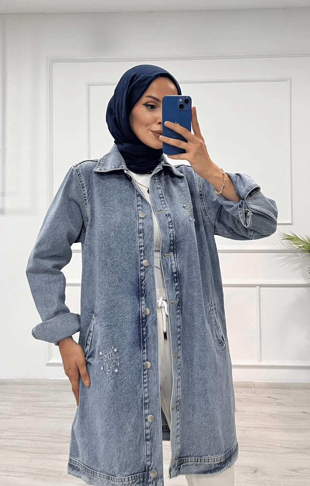Taşlı tunik ceket kar yıkama orta mavi d2516