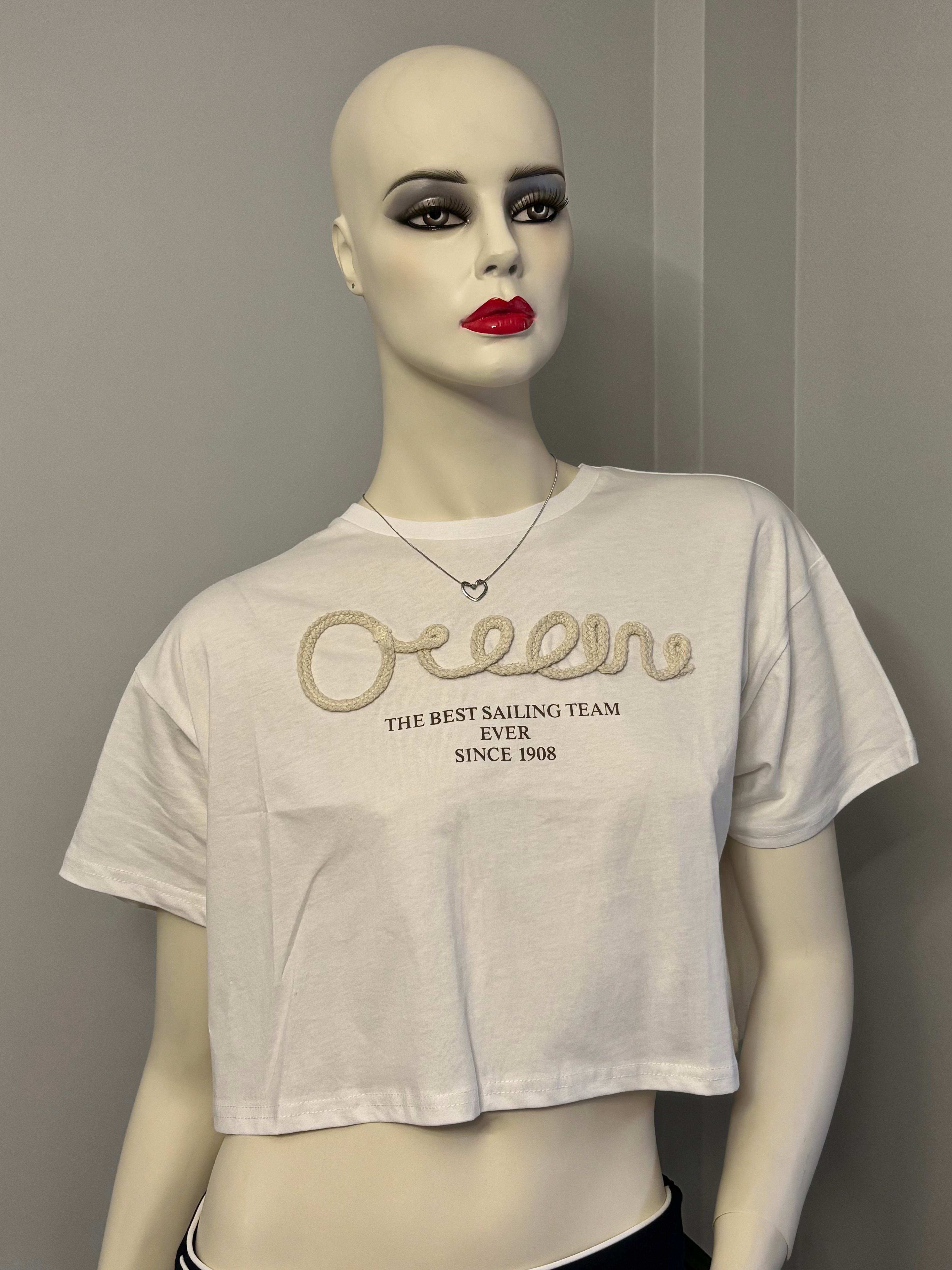 Baskı ve Nakış Detaylı Basic Crop T-Shirt
