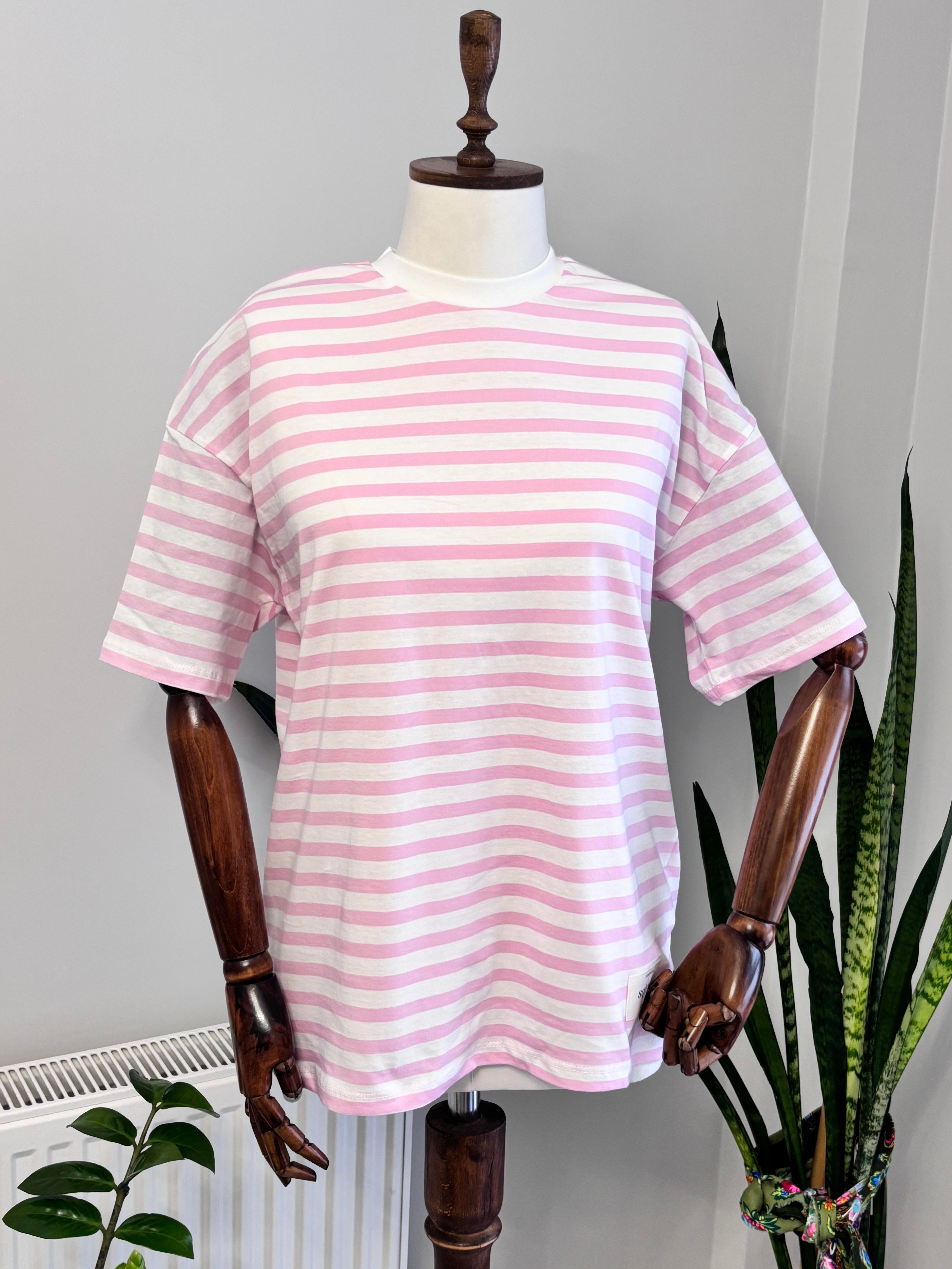 Bisiklet Yaka Pembe Çizgili Oversize T-Shirt