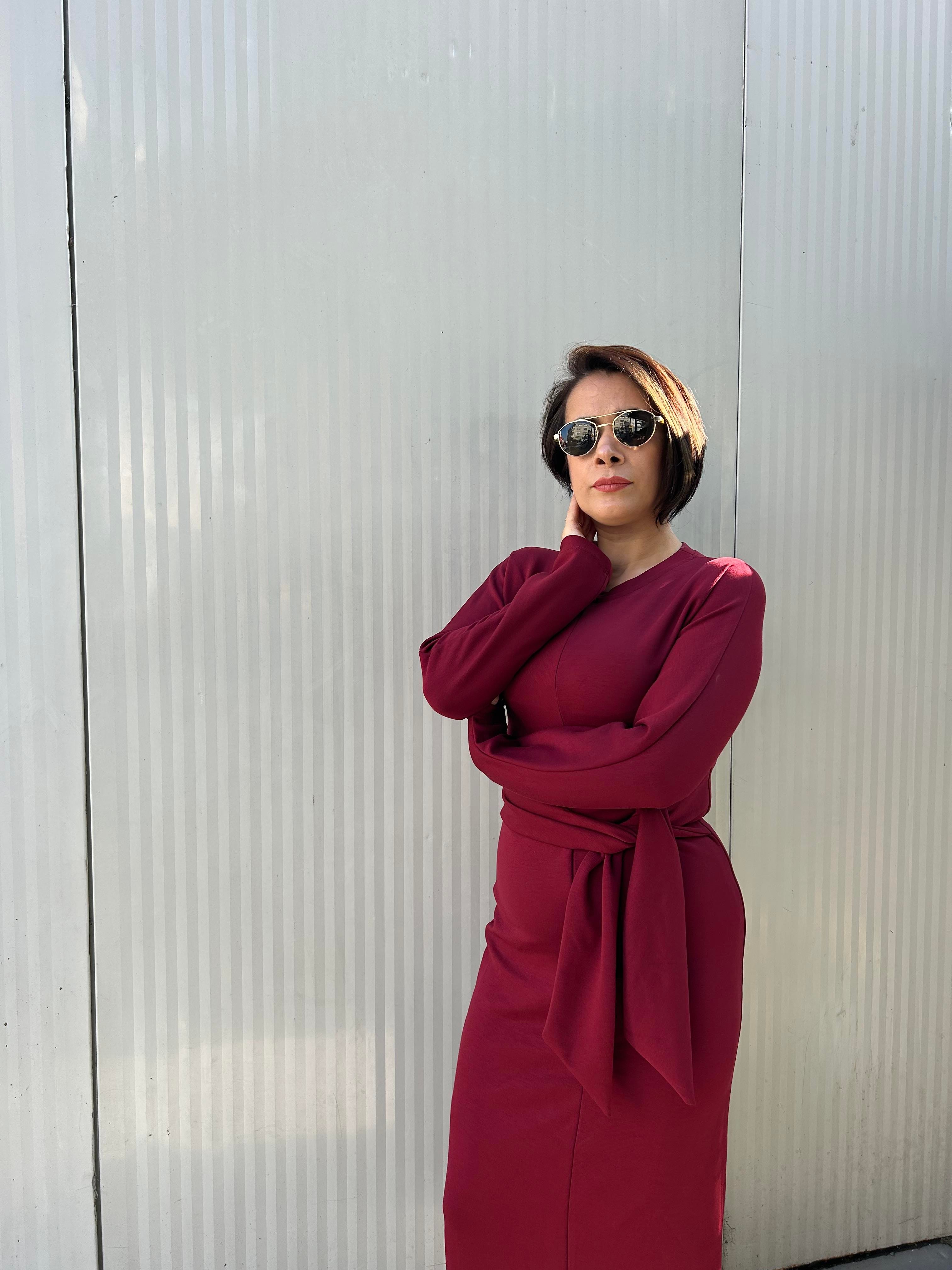 Bordo Bağlamalı Elbise