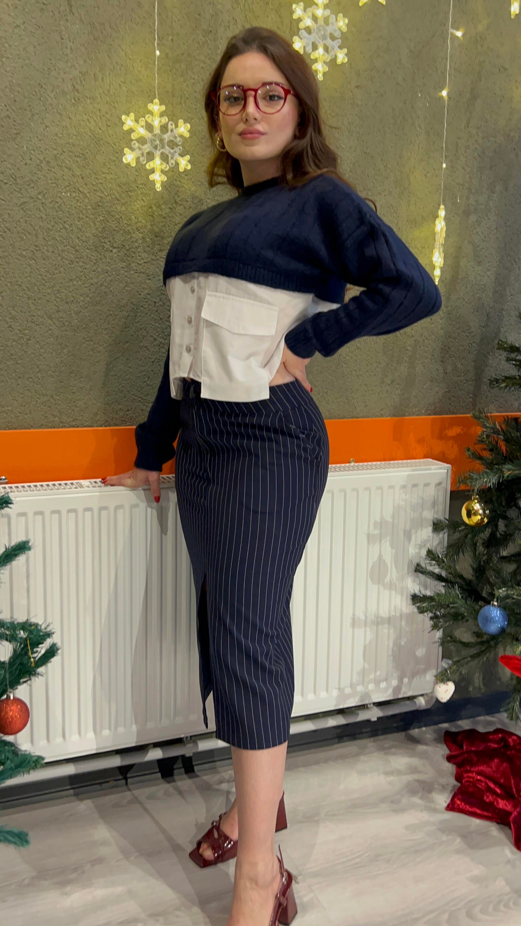 Lacivert Çizgili Ofis Etek