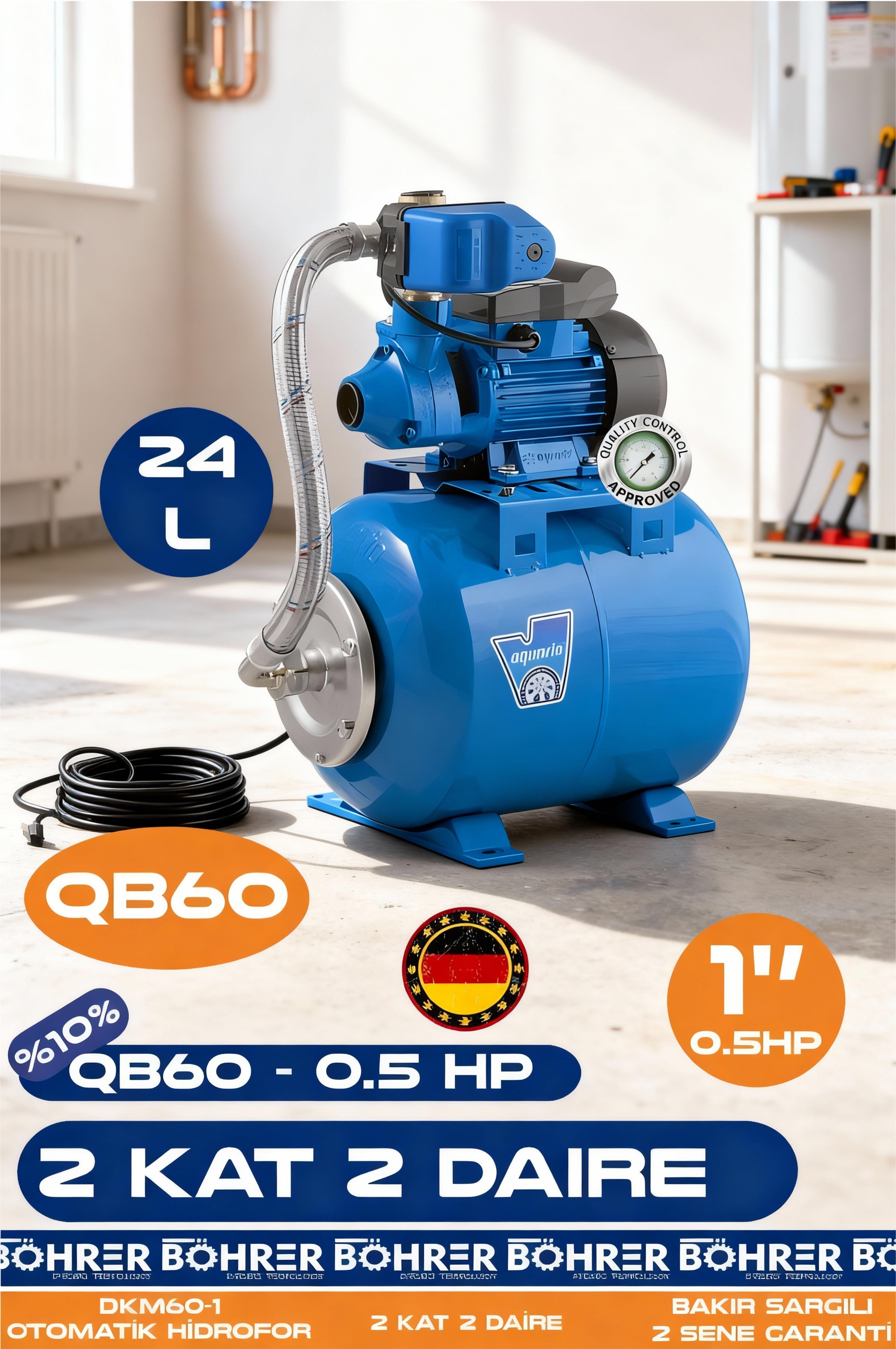 2 KAT 2 DAİRE - 0.5 HP YATAY 24L GENLEŞME TANKLI BAHÇE VE EV TİPİ OTOMATİK HİDROFOR SİSTEMİ