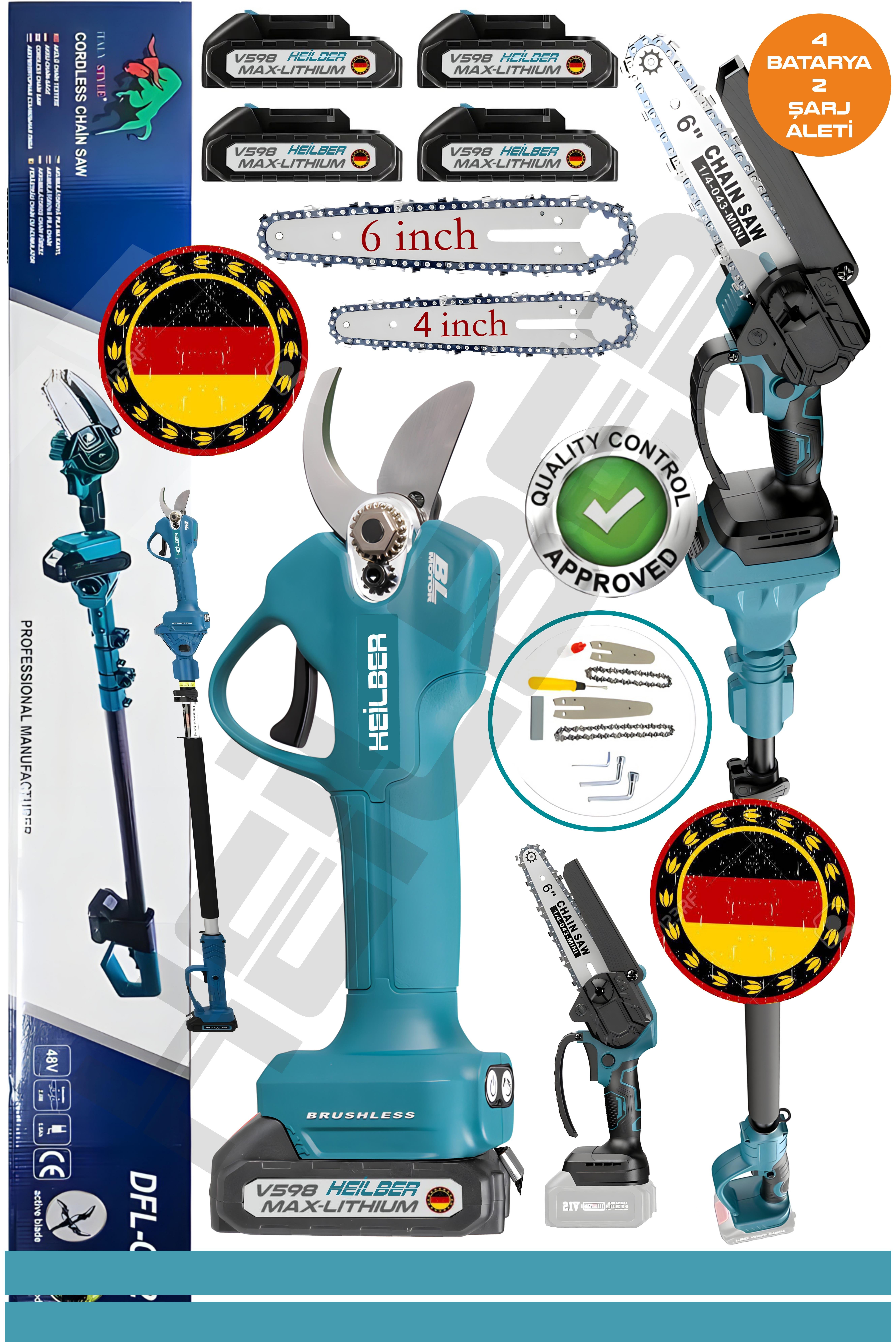 +4 AKÜLÜ BA01061B V598/21V ŞARJLI 15CM BUDAMA TESTERESİ VE 30MM BAĞ MAKASI BUDAMA MAKASI , DAL BUDAMA KESME BIÇKI MAKİNESİ