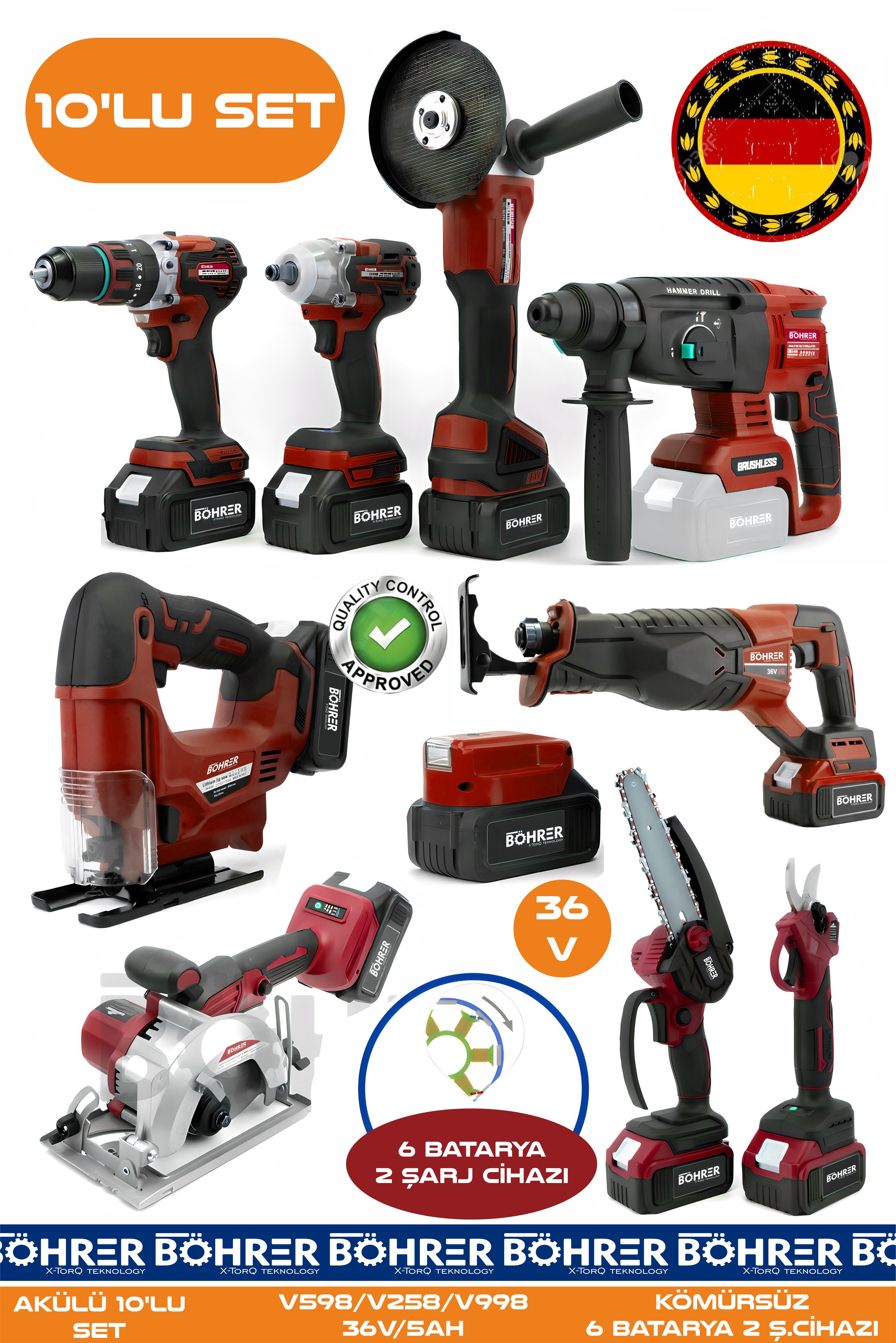 Alman 10 Makine Kombo Set BA01082K 6 Akülü 2 Şarjlı Kömürsüz V598 5Ah Profesyonel -KIRMIZI RED