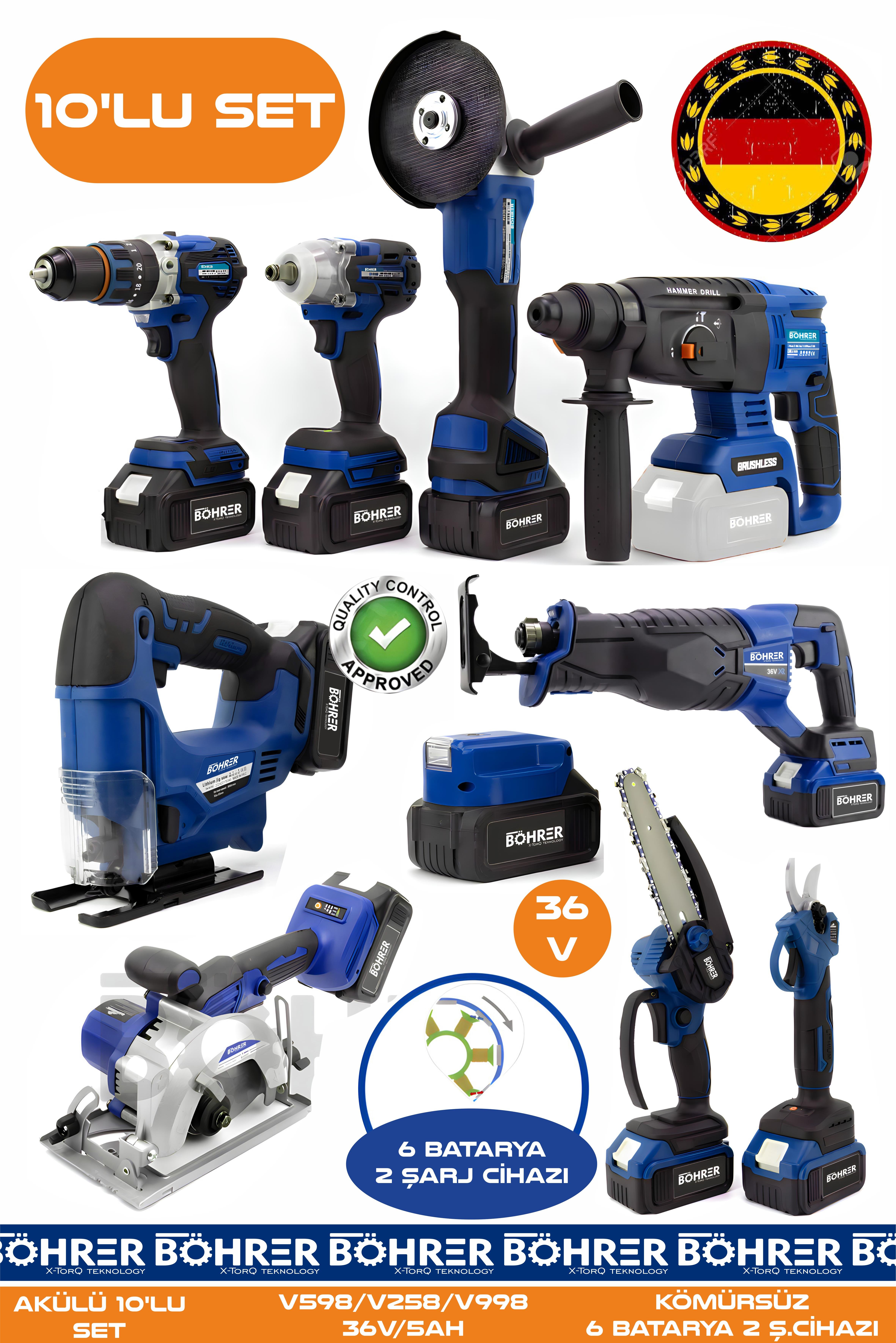 Alman 10 Makine Kombo Set BA01082M 6 Akülü 2 Şarjlı Kömürsüz V598 5Ah Profesyonel - BLUE MAVİ