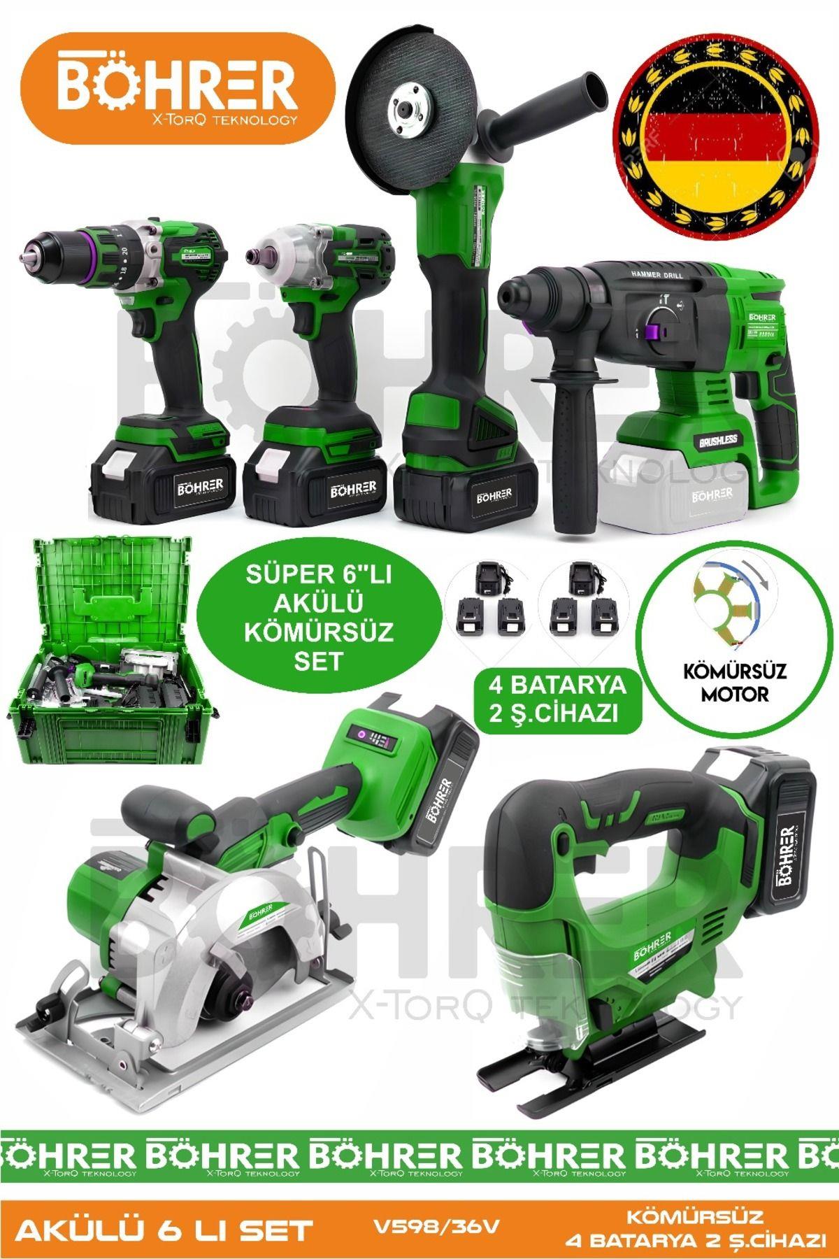 Alman 4 Akülü 2 Şarjlı Kömürsüz V598 5ah Profesyonel 6 Makine Kombo Set ,