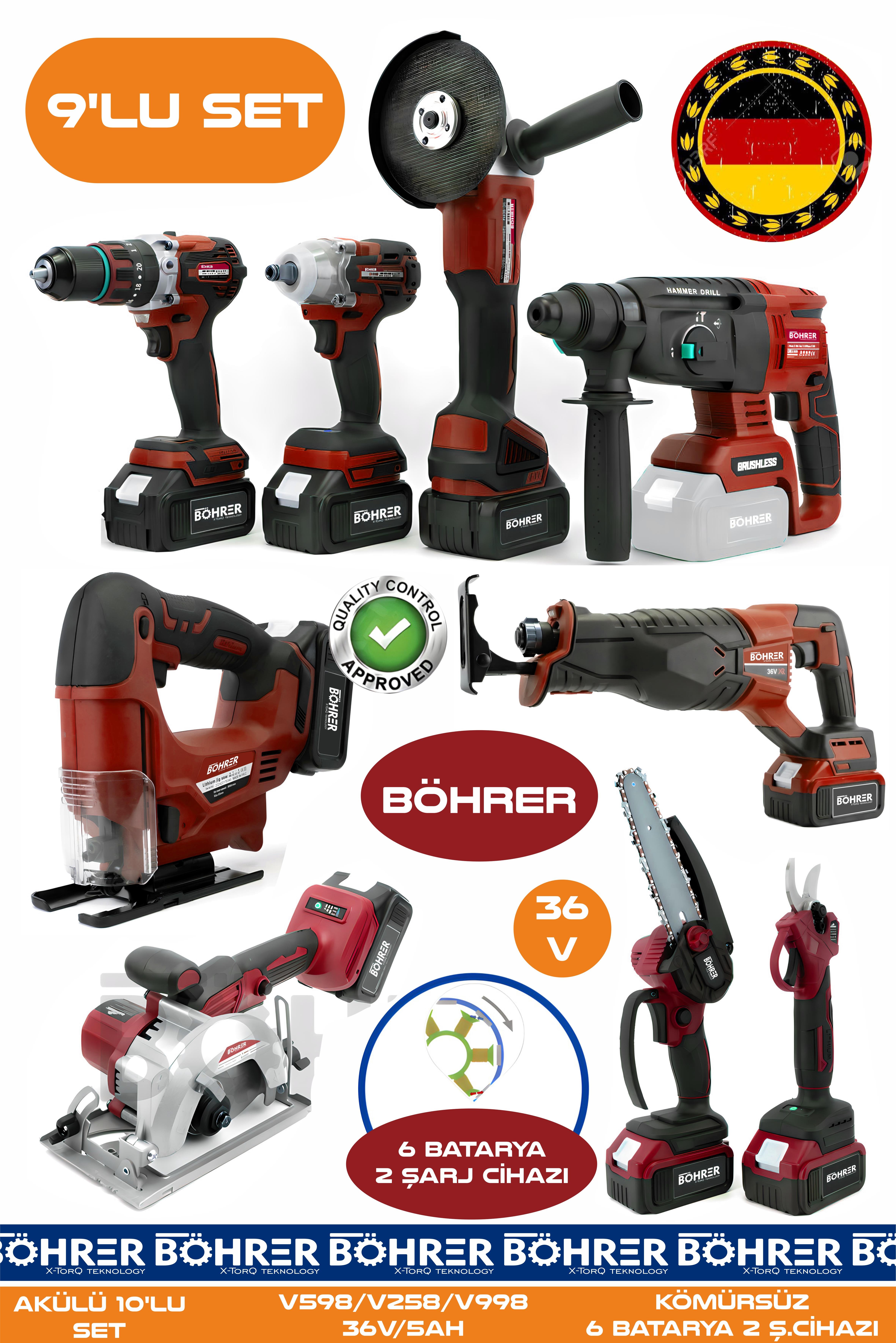 Alman 9 Makine Kombo Set BA01083K 6 Akülü 2 Şarjlı Kömürsüz V598 5Ah Profesyonel - RED KIRMIZI