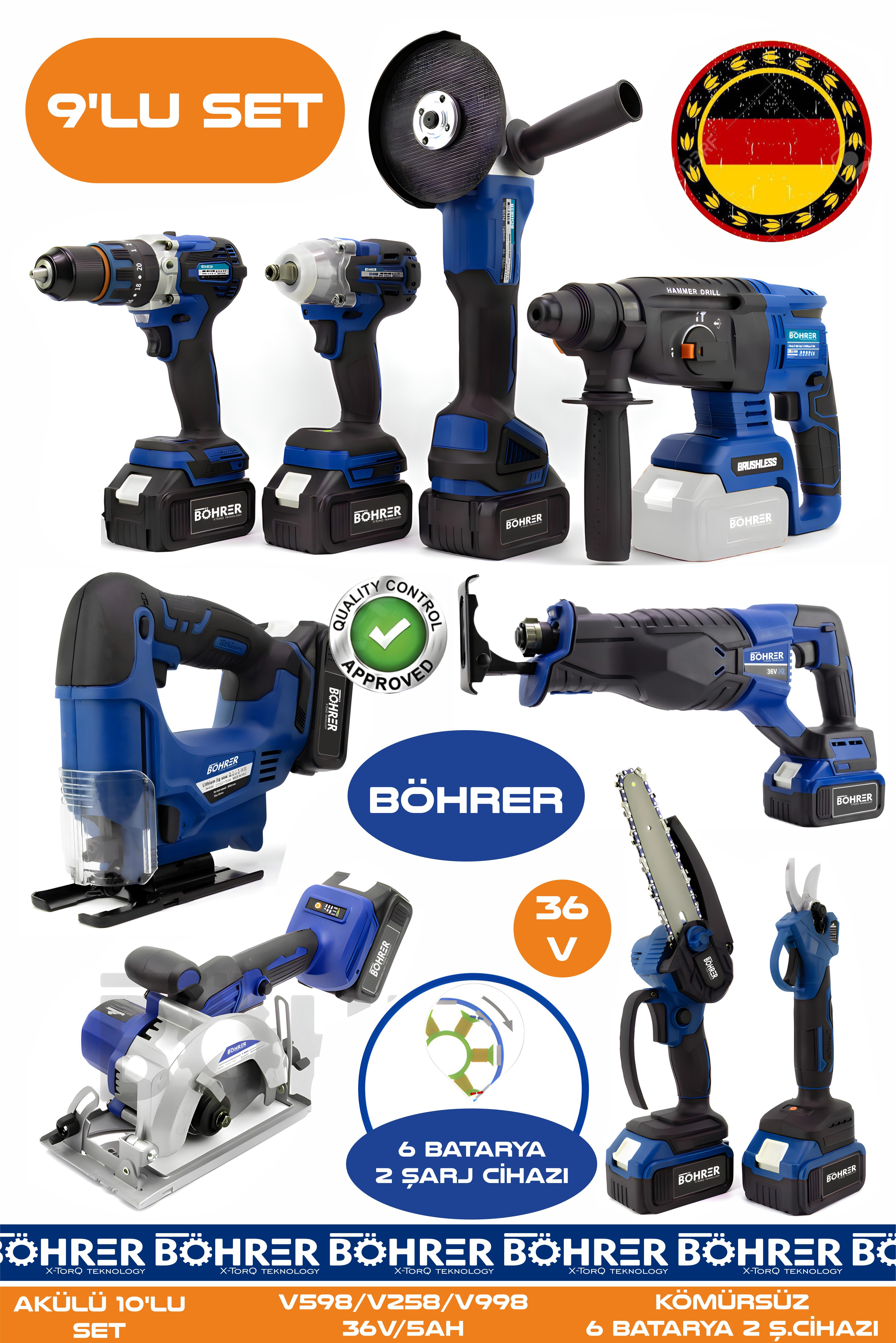 Alman 9 Makine Kombo Set BA01083M 6 Akülü 2 Şarjlı Kömürsüz V598 5Ah Profesyonel -BLUE MAVİ
