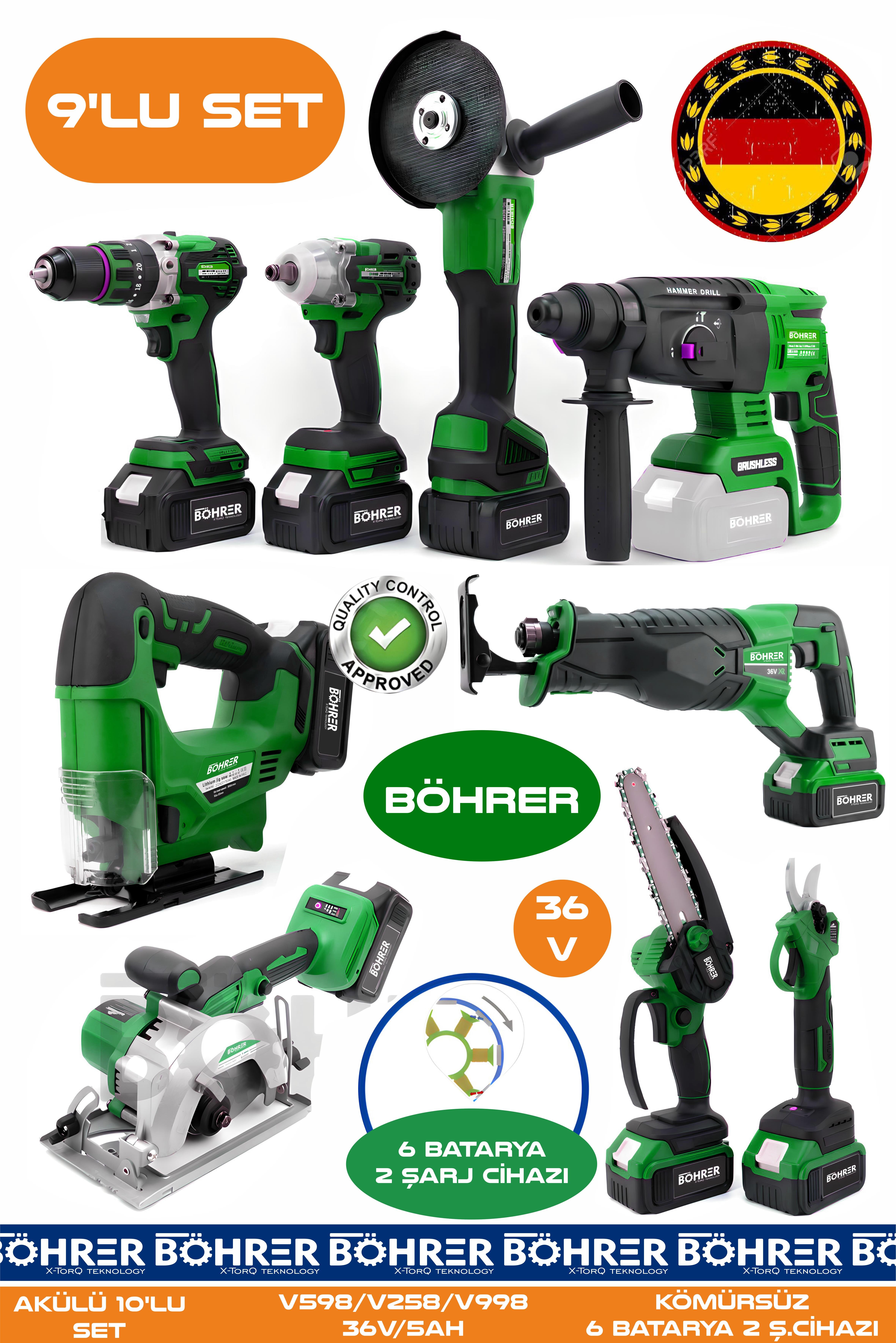 Alman 9 Makine Kombo Set BA01083Y 6 Akülü 2 Şarjlı Kömürsüz V598 5Ah Profesyonel -GREEN YEŞİL
