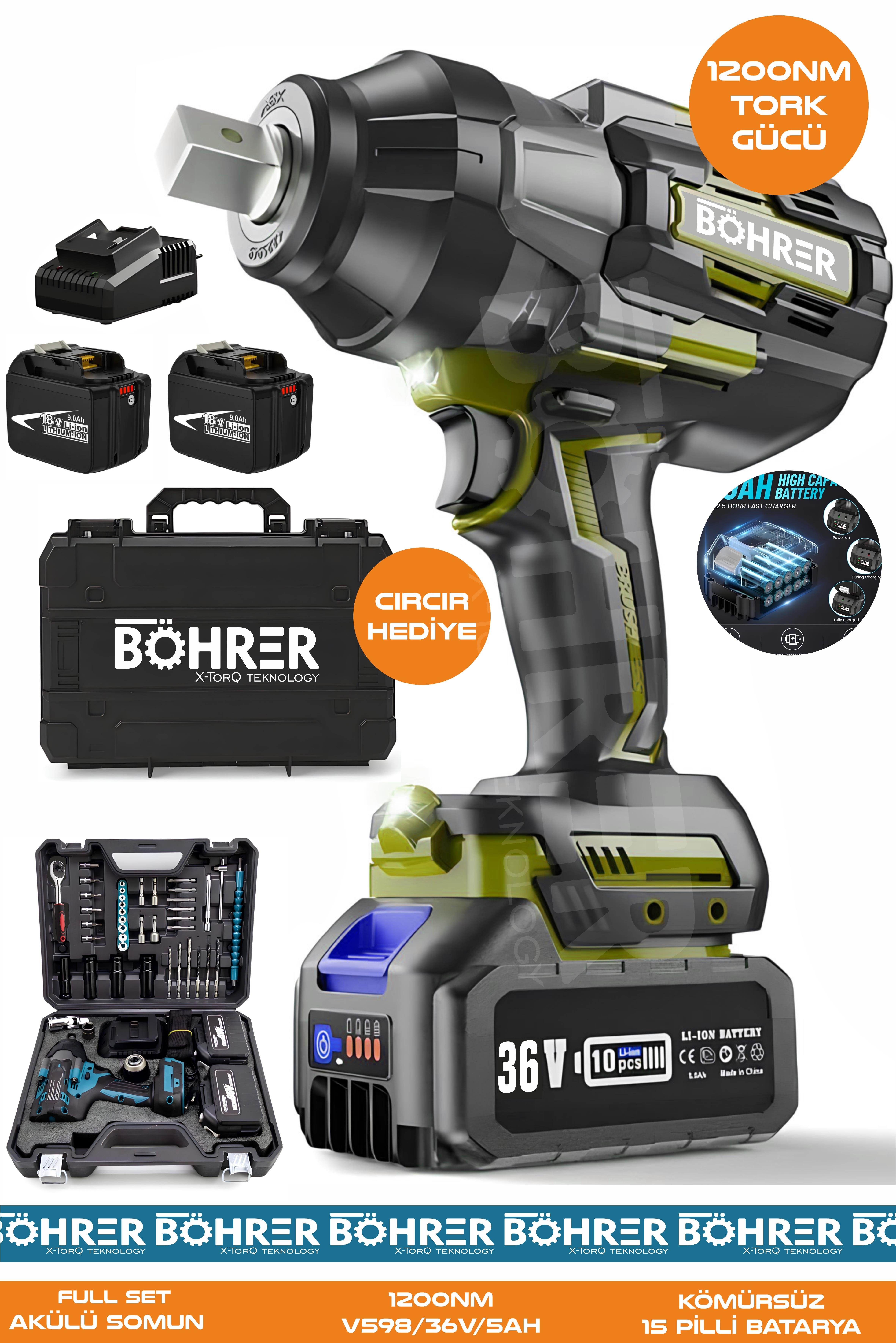 Alman BA01072S Akülü Somun Sıkma Makinesi | 1200 Nm Tork – 36V 5Ah | Darbeli Lokma – Ağır Hizmet Tipi