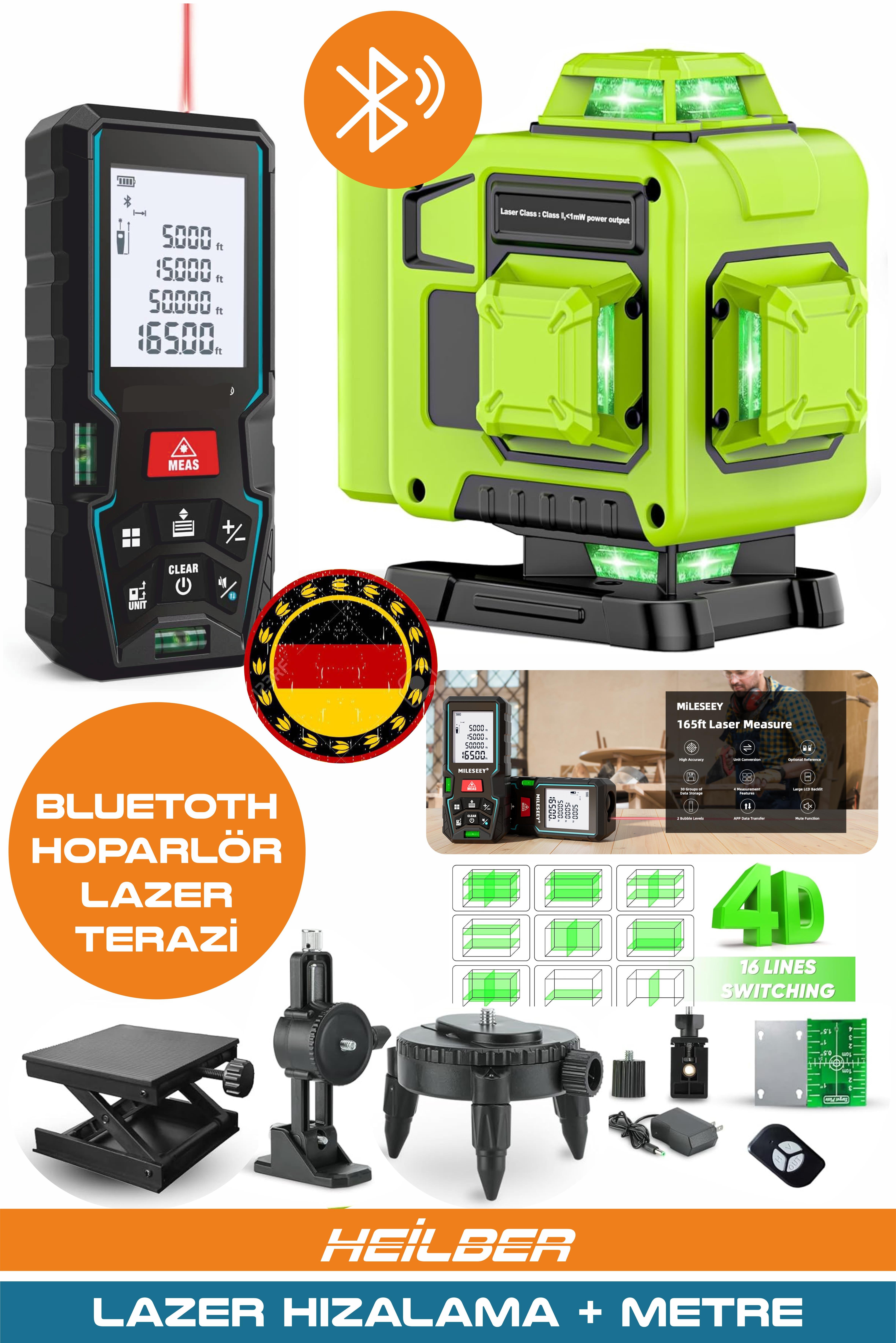 BA01068Y 2'si 1 Arada Lazer Seti | 70m Ölçüm Cihazı + 16 Çizgili 360° 4 Köşe Lazer Hizalama | Şarjlı – Pro Seri