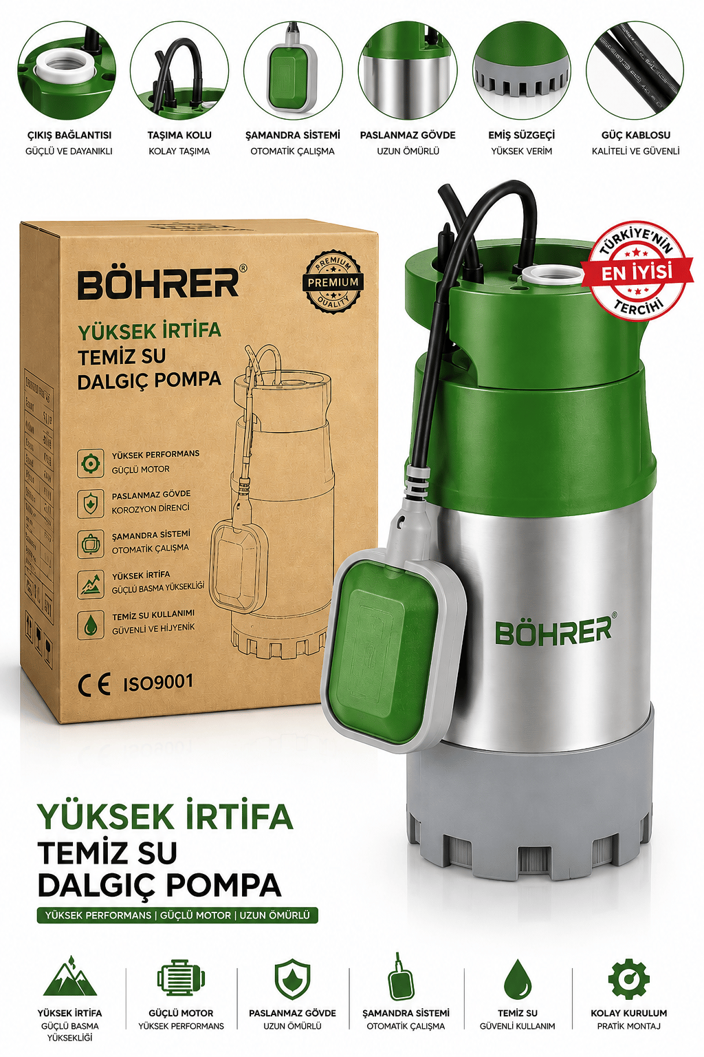 BA011465 YÜKSEK İRTİFA TEMİZ SU DALGIÇ POMPA-30M DİK 5.5 TON 300M YATAY-BAKIR SARGILI-1.1 HP