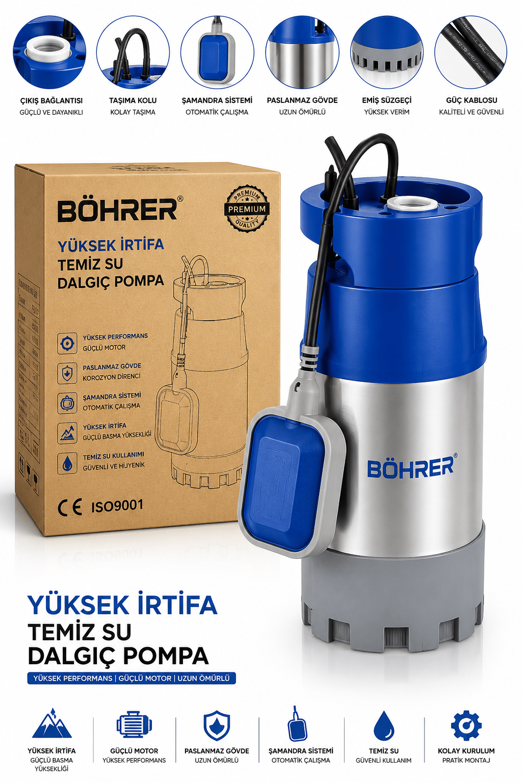 BA011466 YÜKSEK İRTİFA TEMİZ SU DALGIÇ POMPA-40M DİK 7 TON 400M YATAY-BAKIR SARGILI-1.5 HP BA011465