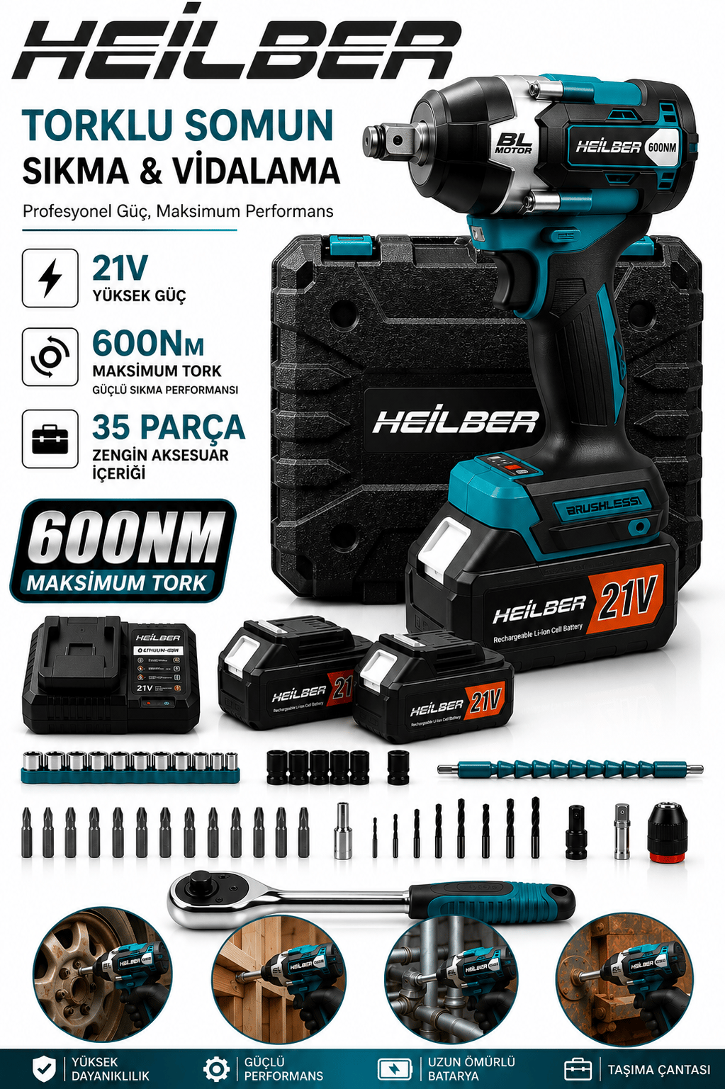 BA011524 21V 600 Nm Kömürsüz Akülü Somun Sıkma ve Vidalama Makinesi Brushless 35 Parça Set 2 Akü Şarj Cihazı Çantalı