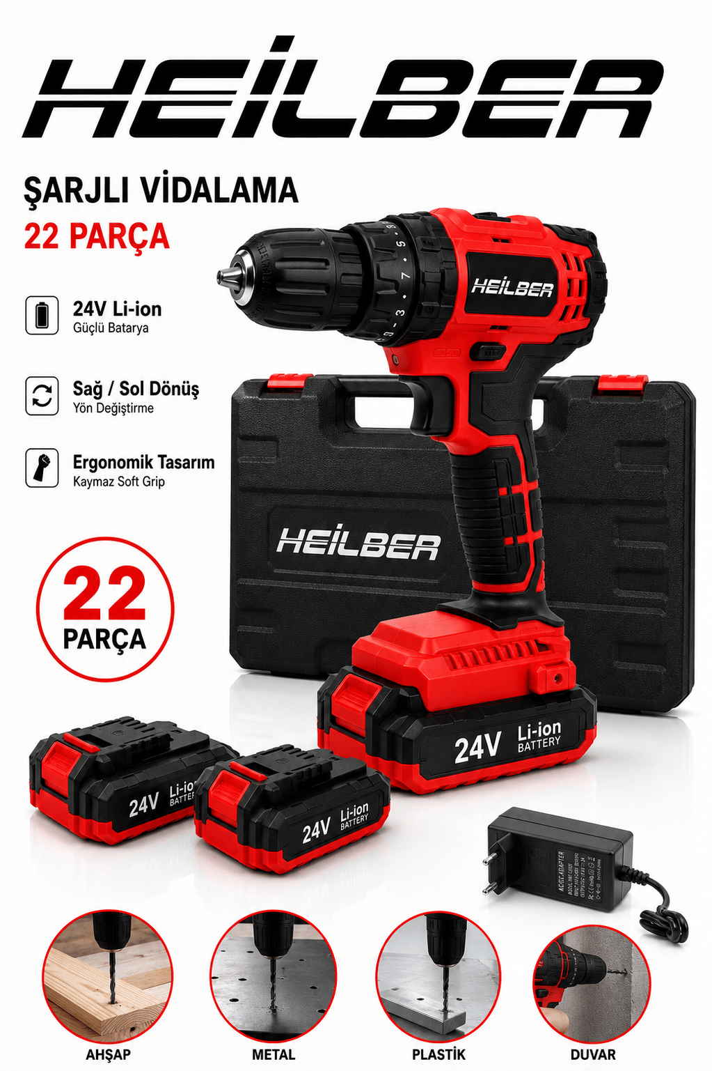 BA011525 24V Şarjlı Vidalama Matkap Seti 22 Parça 2 Akü Li-ion Çantalı Profesyonel Akülü Vidalama