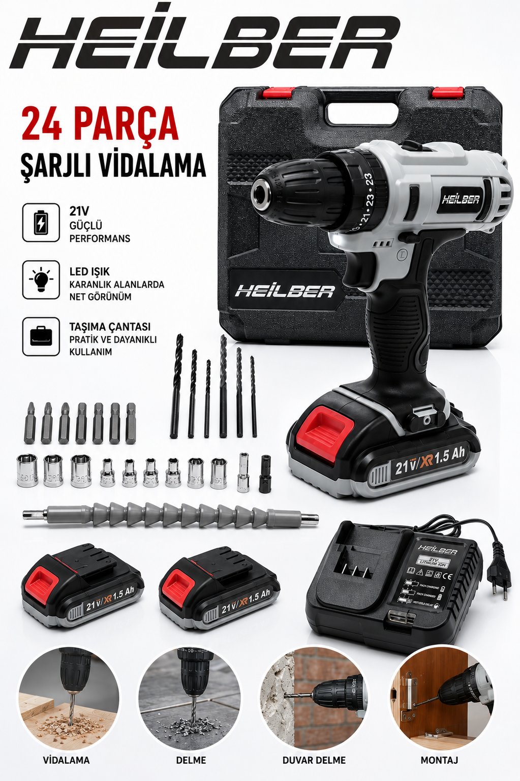 BA011526 21V Akülü Matkap Şarjlı Vidalama Makinesi 24 Parça Set 2 Akü 1 Şarj Cihazı Çantalı Profesyonel