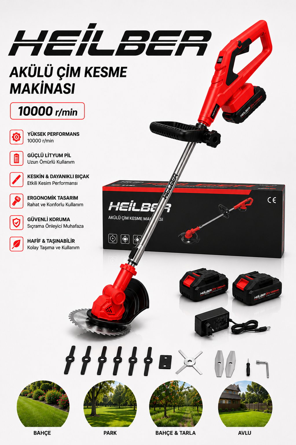 BA011529 Akülü Çim Biçme Makinesi 21V 10000 Devir 2 Bataryalı 1 Şarjlı  Ot Çim Kesme Makinesi Testere Bıçaklı