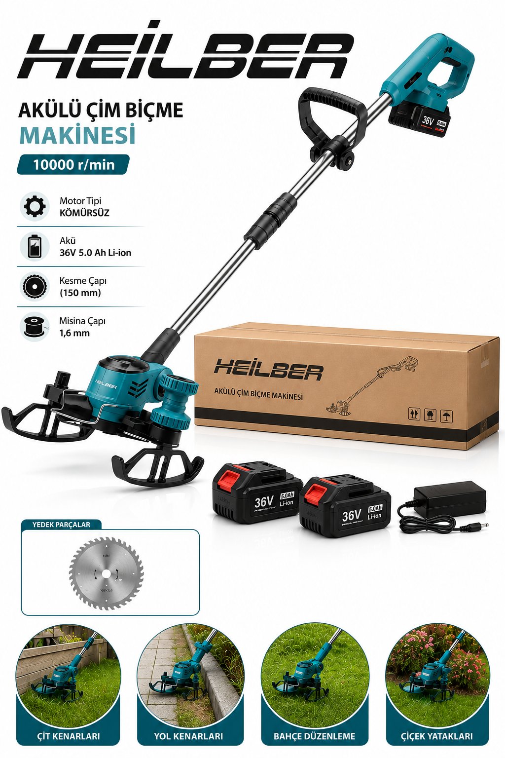 BA011532 Akülü Çim Kesme Makinesi 36V Çift Akülü Kömürsüz Motor Misinalı Mini Tırpan Ot Kesme Makinesi