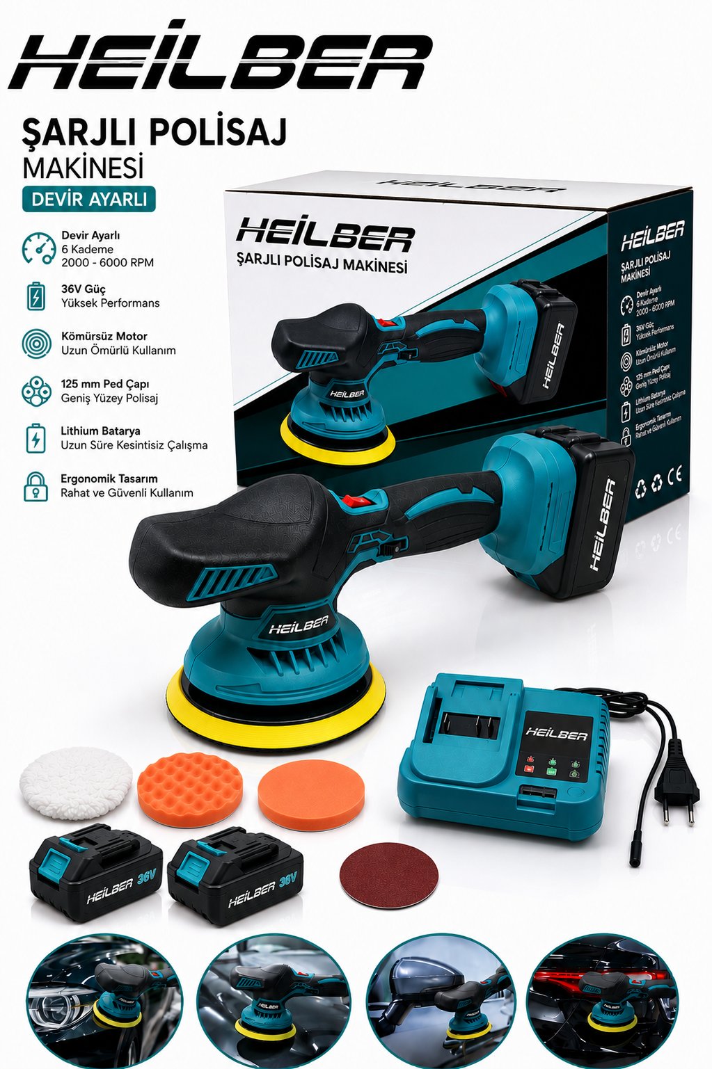 BA011534 Şarjlı Polisaj Makinesi 36V Çift Akülü Devir Ayarlı 150 mm Pasta Cila Makinesi Kömürsüz Motor