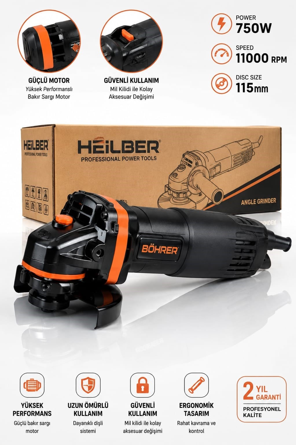 BA0115363 750W Elektrikli Avuç Taşlama Makinesi – 115 mm Disk, 11.000 Devir, Mil Kilitli, Bakır Sargılı Profesyonel Köşe Taşlama