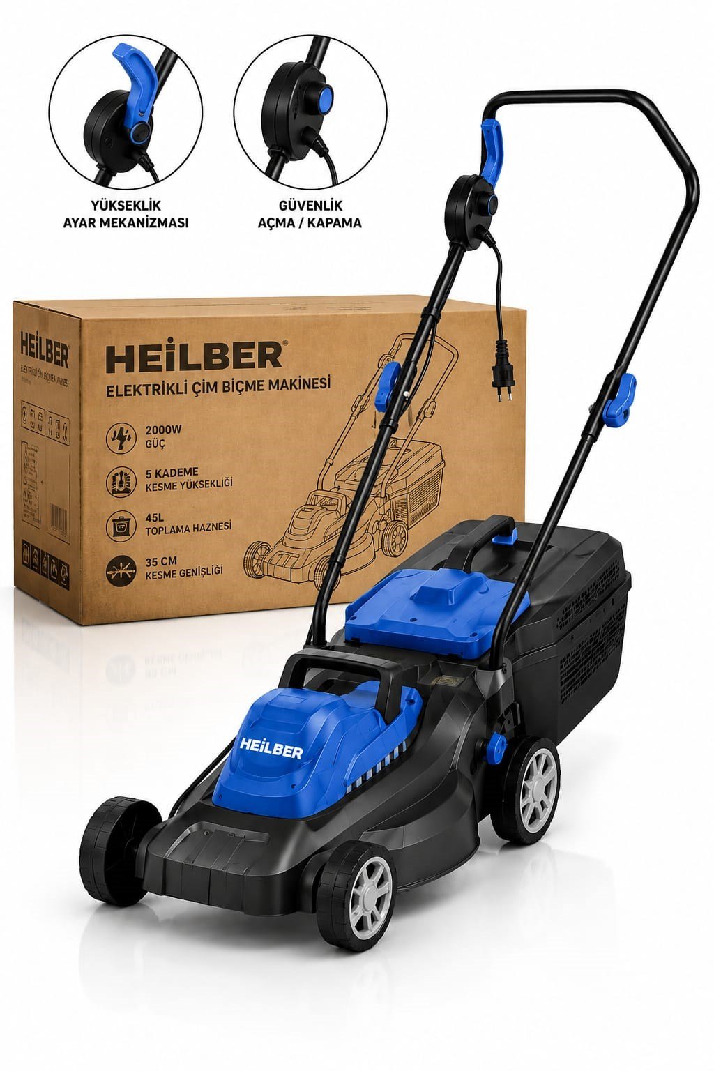 BA0115371 2000W Elektrikli Çim Biçme Makinesi – 35 cm Kesim Genişliği, 5 Kademeli Yükseklik Ayarı, 45 Litre Çim Toplama Haznesi ve Güvenlik Şalterli Bahçe Çim Biçme