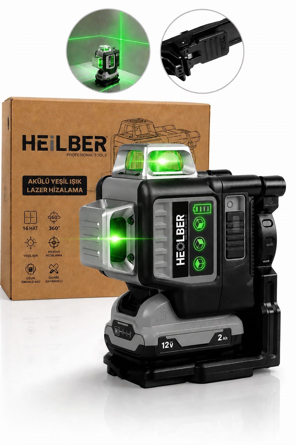 BA0115372 12 Satır Şarjlı Yeşil Işık Lazer Hizalama ve Terazi Cihazı – 12V 2Ah Akülü, Otomatik Hassas Seviyeleme, Dijital Batarya Göstergeli Profesyonel Lazer Metre