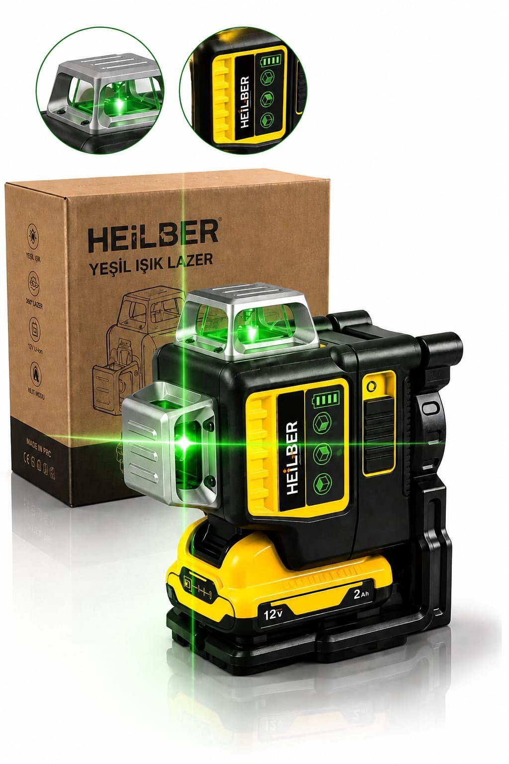 BA0115373 12 Satır Şarjlı Yeşil Işık Lazer Hizalama ve Seviye Ölçüm Cihazı – 360° Döner Başlıklı, Üst Alt Nokta Şaküllü, Dijital Batarya Göstergeli Profesyonel Lazer Terazi