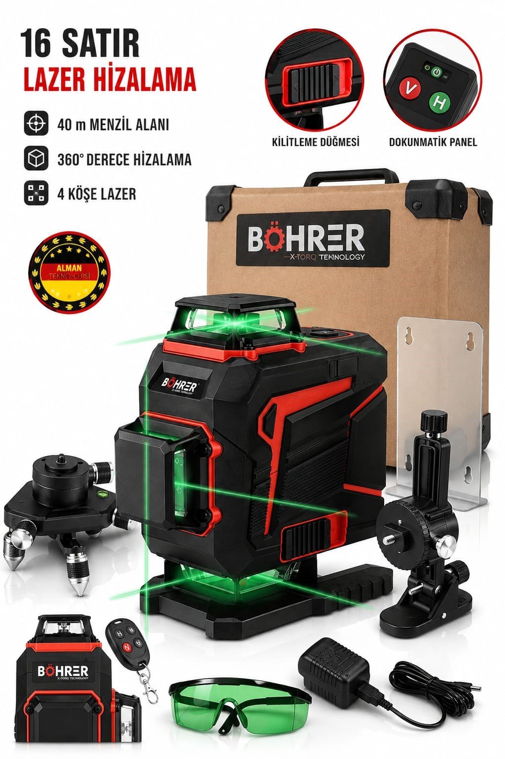 BA0115375 16 Çizgi 4D Yeşil Lazer Terazi – 360° Otomatik Hizalama, 40 Metre Menzil, Dokunmatik Panel, Uzaktan Kumanda ve Duvar Aparatlı Profesyonel Şarjlı Set