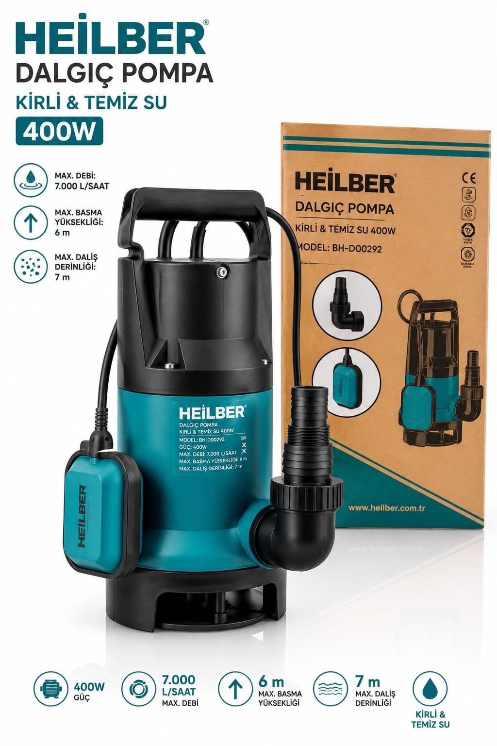 BA0115392 Profesyonel 400W Şamandıralı Kirli ve Temiz Su Dalgıç Pompası 7000 L/Saat  6m Yukarı Basma Yüksek Debili