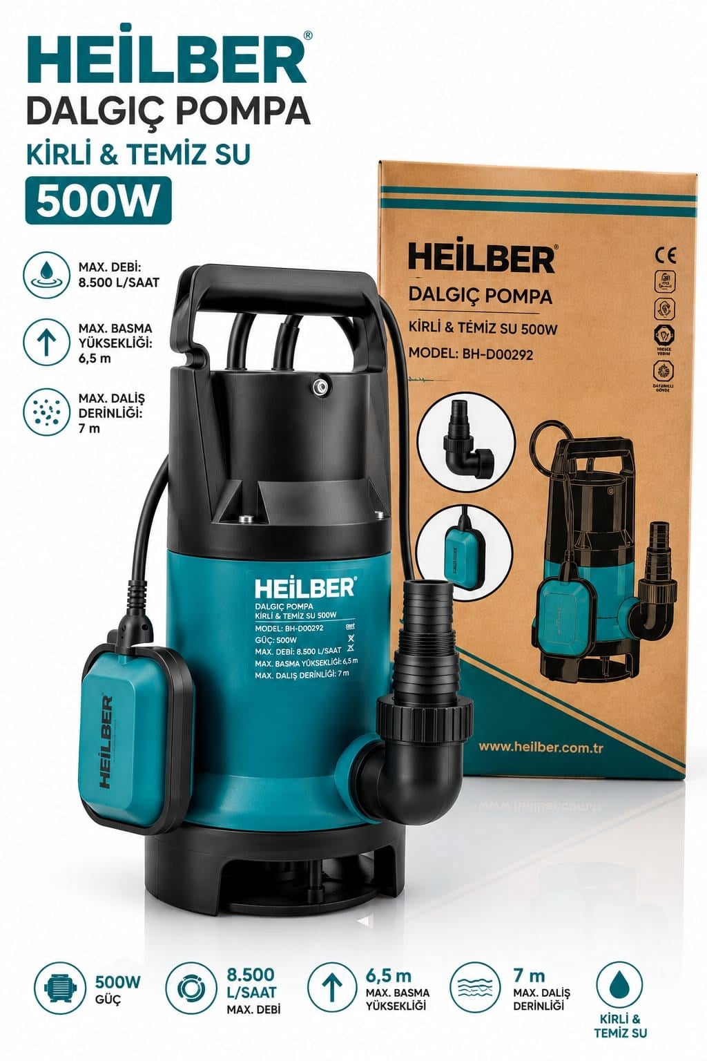 BA0115394 500W Şamandıralı Kirli ve Temiz Su Dalgıç Pompası 8.500 L/Saat Debi 6,5 Metre Basma