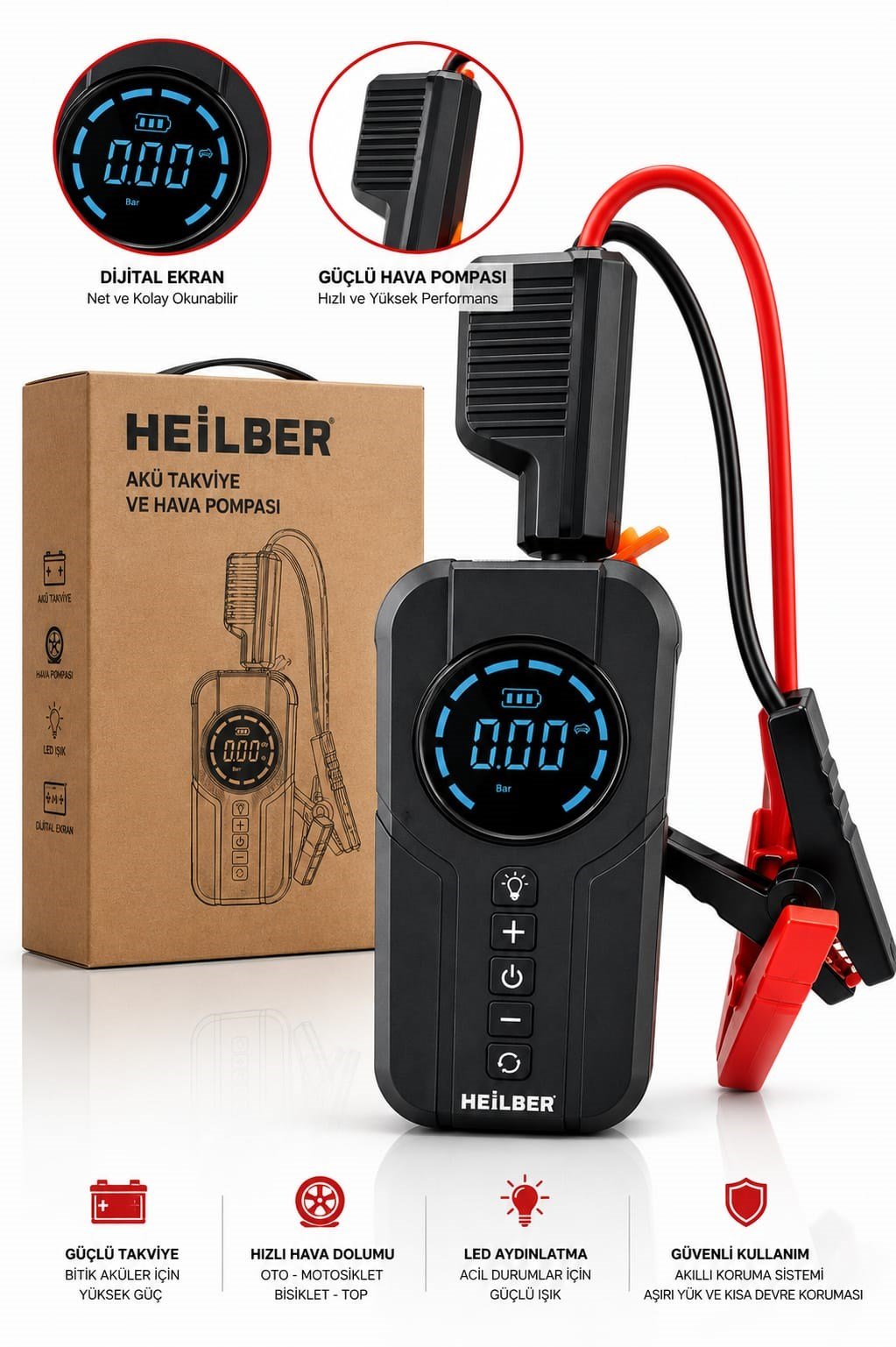 BA0115396 Taşınabilir Akü Takviye Cihazı ve Dijital Lastik Şişirme Hava Pompası LED Işıklı