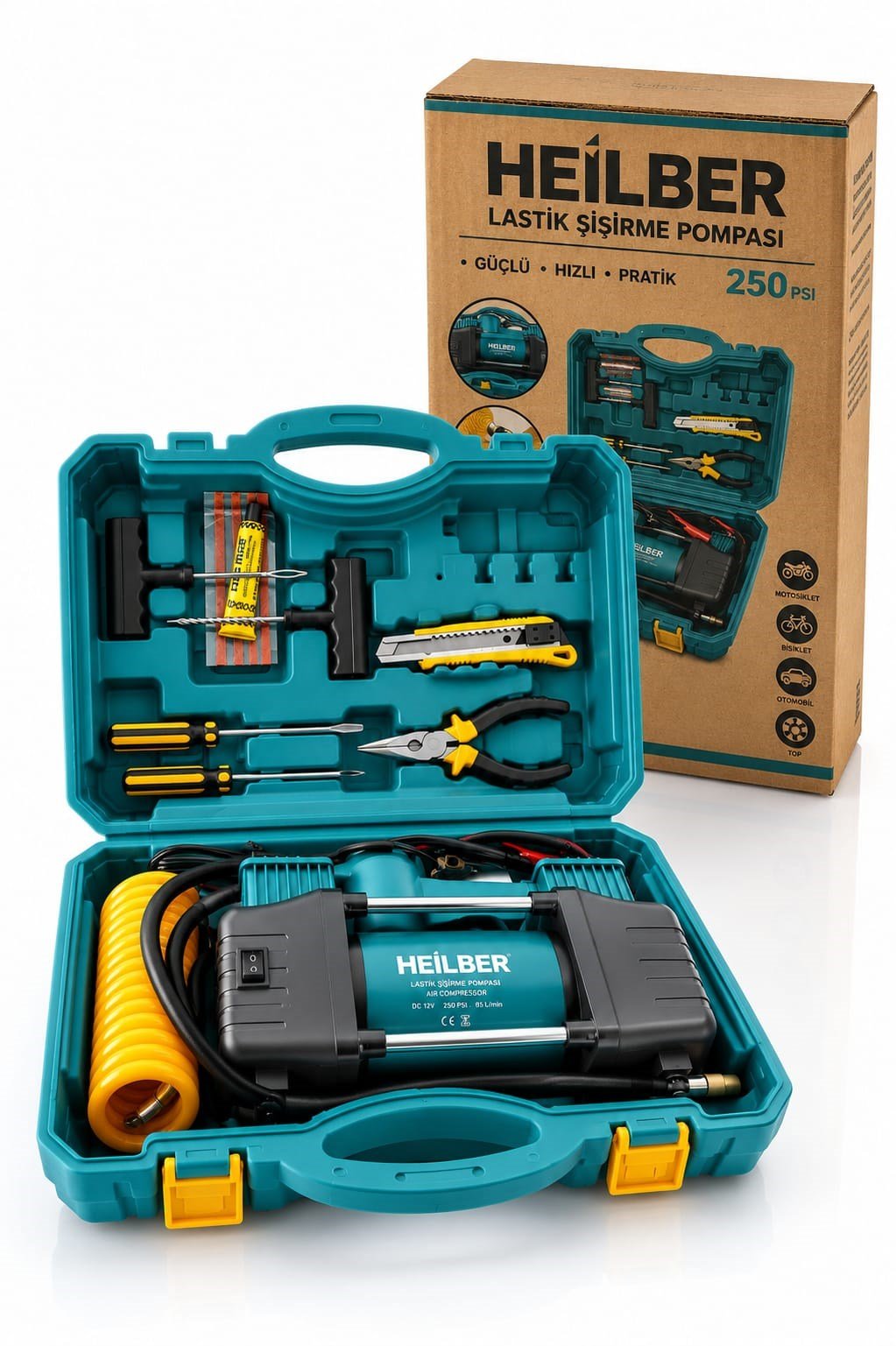 BA0115397 12V 250 PSI Çantalı Oto Lastik Şişirme Kompresörü 35 L/Dk Acil Tamir Setli