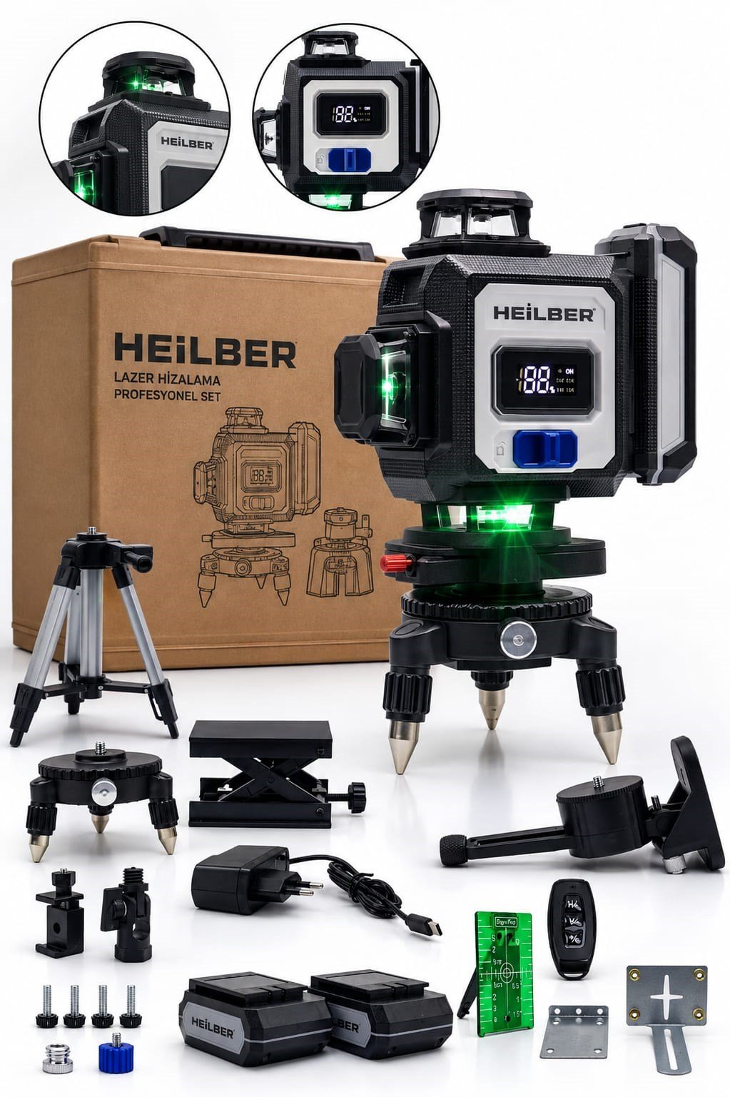 BA0115398 Profesyonel 4D 16 Çizgi 360° Yeşil Lazer Hizalama Cihazı 2 Akülü Tripodlu Tam Set
