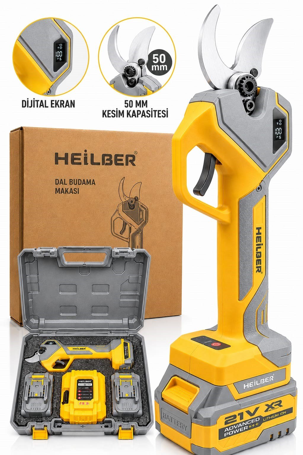 BA0115403 21V Profesyonel Akülü Dal Budama Makası – 50 mm Kesim Kapasiteli, Dijital Ekranlı, Çift Akülü ve Çantalı Set