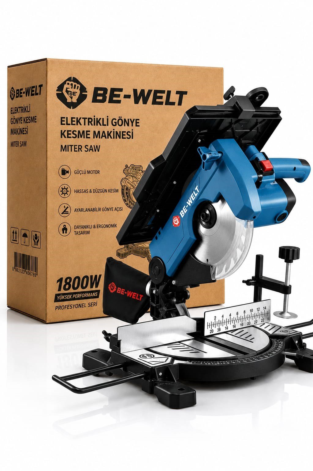 BA0115404 1800W Profesyonel Elektrikli Gönye Kesme Makinesi – Ayarlanabilir Açılı, Hassas Ahşap Kesim ve Toz Torbalı
