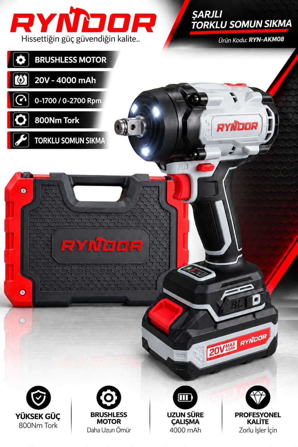 BA0115424 20V 4.0 Ah 800 Nm Kömürsüz Şarjlı Somun Sıkma ve Sökme Makinesi – Çantalı