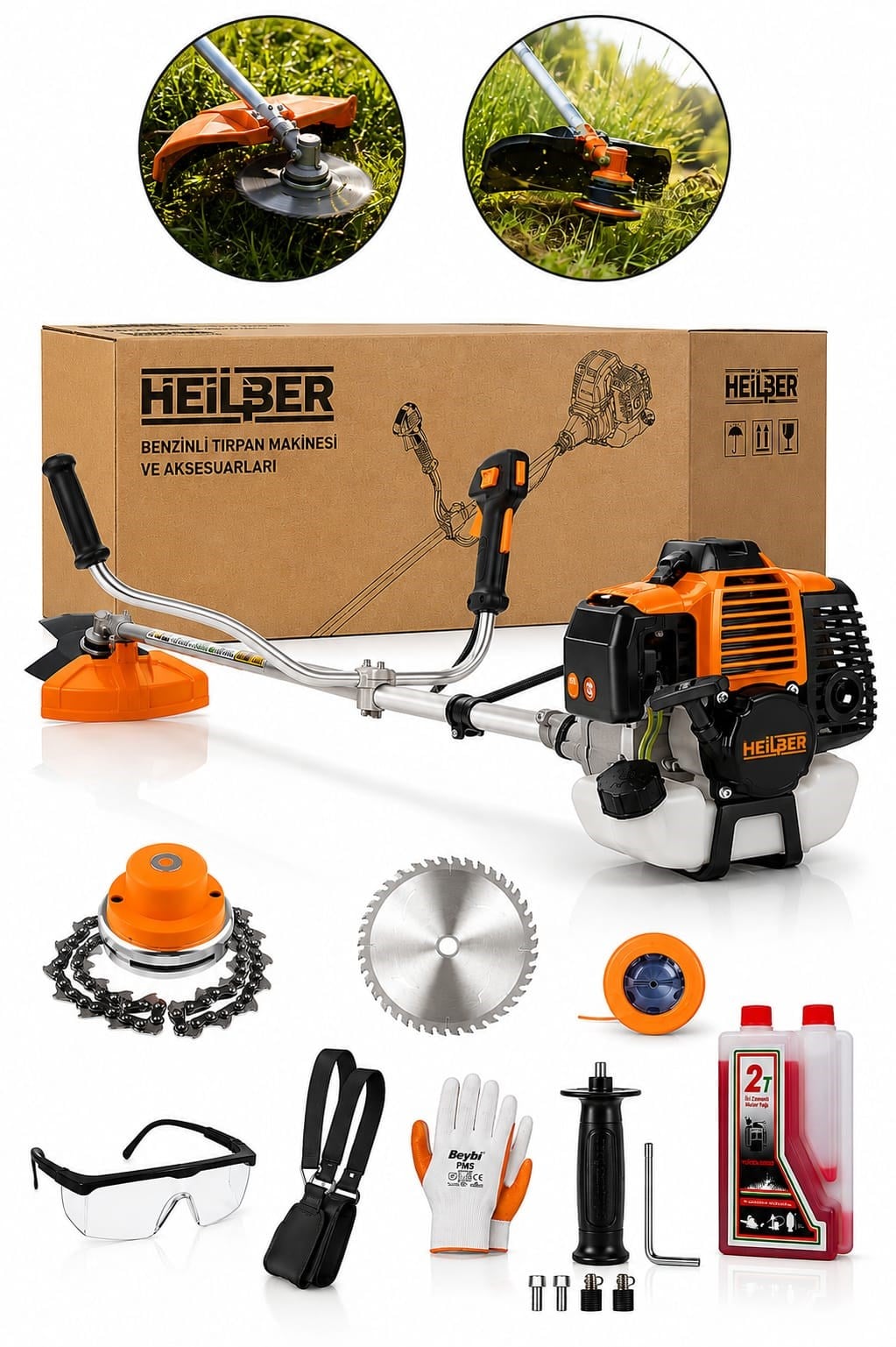 BA011552 52 CC Benzinli Yan Tırpan Motorlu Ot Biçme Makinesi Çift Kollu Misinalı Testere Bıçaklı Full Aksesuar Seti