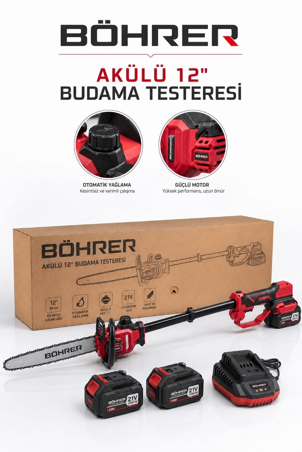 BÖHRER 12 İnç 30 cm Akülü Budama Testeresi 21V Çift Akülü Otomatik Yağlamalı Dal Budama Testere
