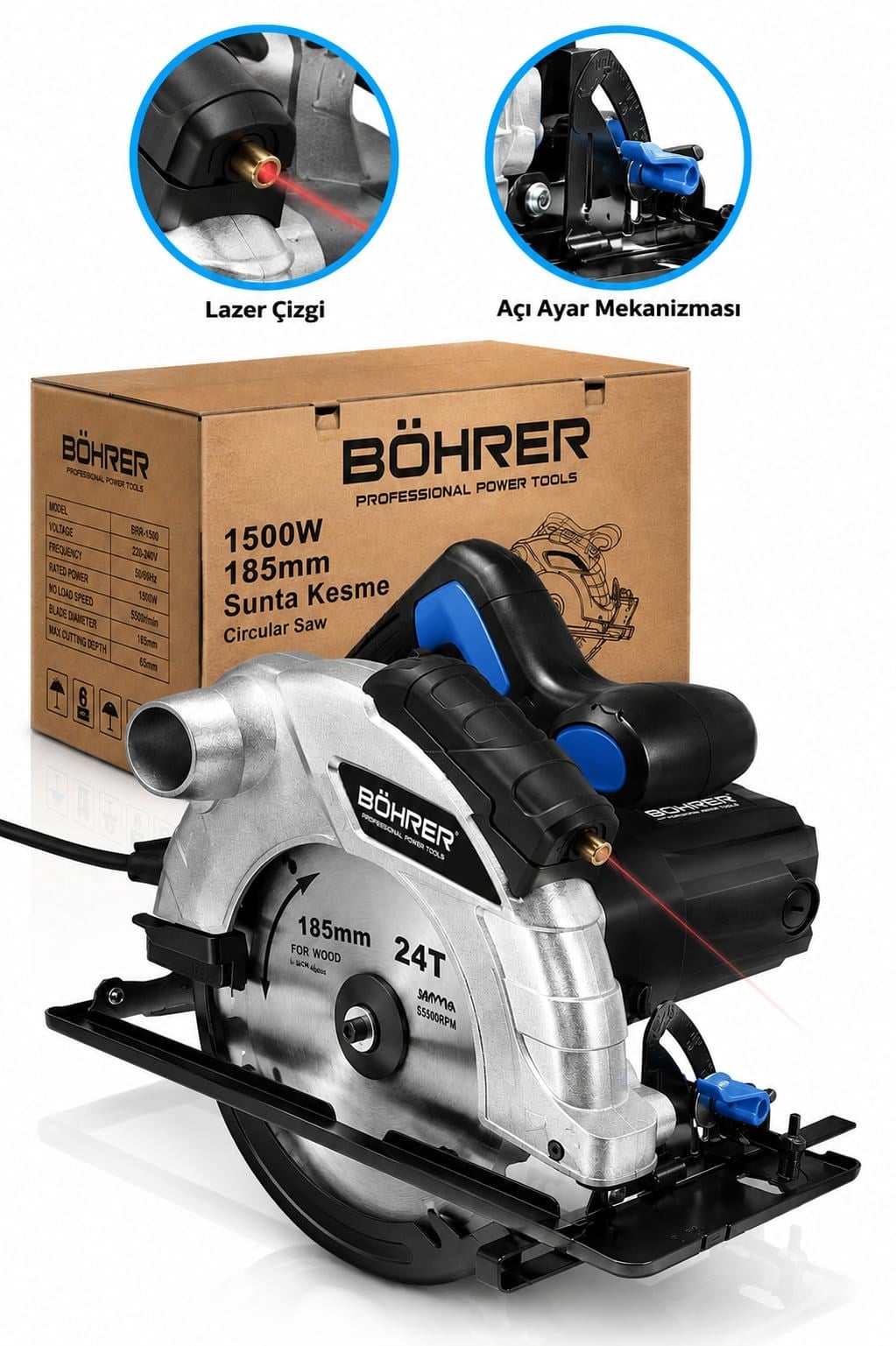 BÖHRER 1500W 185 mm Daire Testere Lazer Çizgili Ahşap MDF Sunta Kesme Makinesi Açılı Kesim