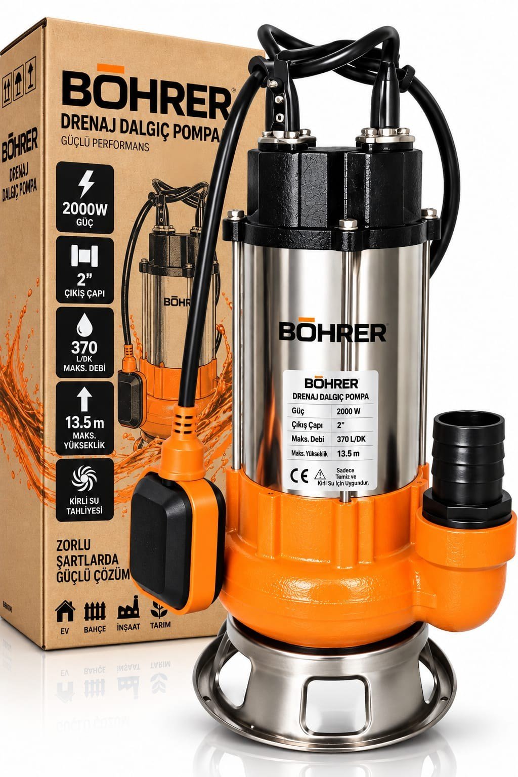 BÖHRER 2000 W Drenaj Dalgıç Pompa – 2 İnç Çıkışlı, 370 L/DK Maksimum Debili, Şamandıralı Kirli Su Pompası