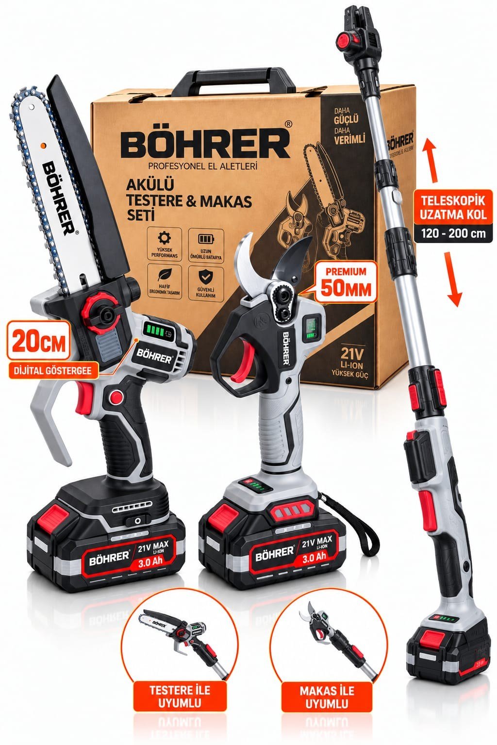 BÖHRER 21V 3.0Ah Çift Akülü Budama Seti – 50 mm Akülü Dal Budama Makası + 20 cm Mini Zincirli Testere + 120-200 cm Teleskopik Uzatma Kolu + Taşıma Çantası