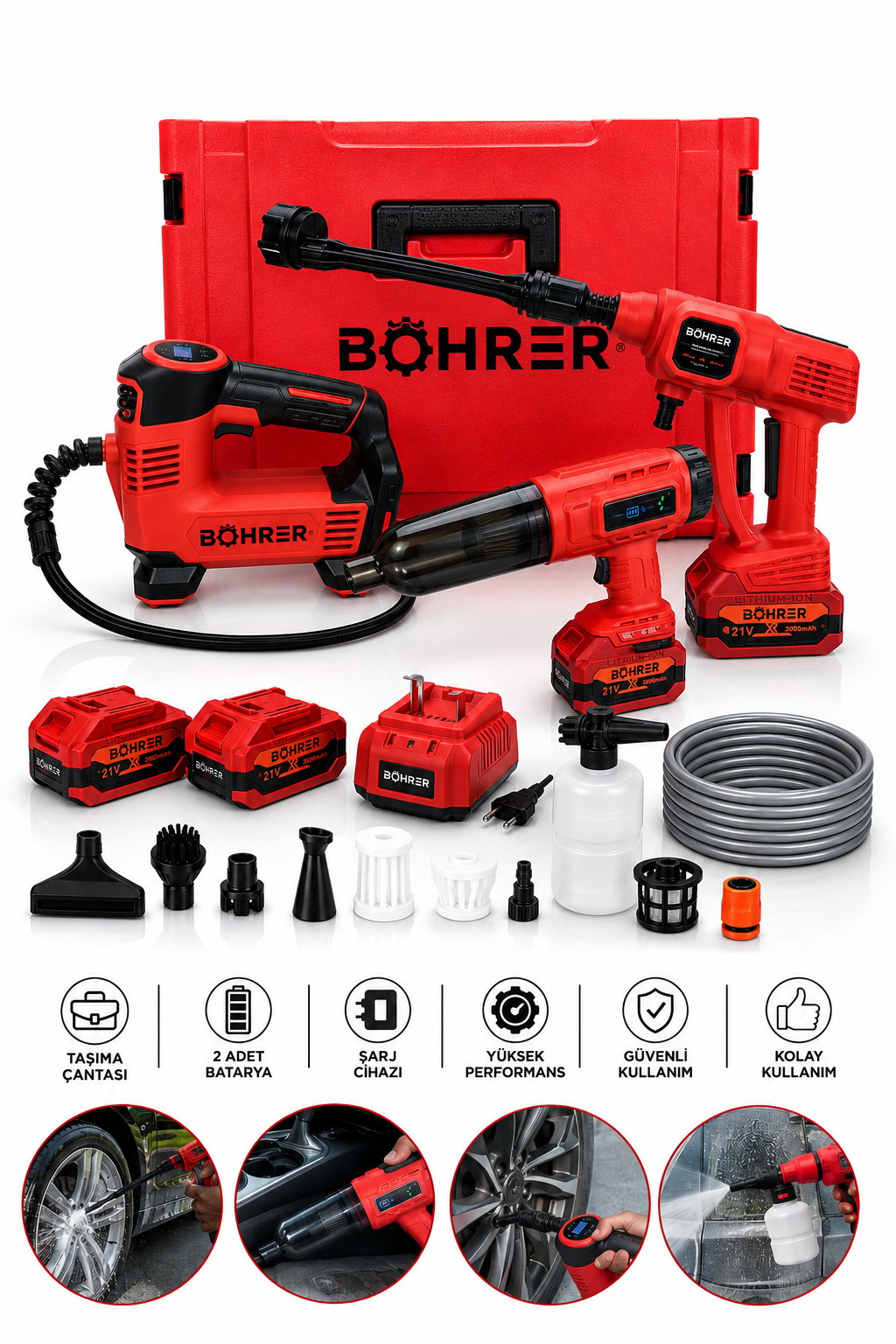 BÖHRER 21V 3'lü Akülü Araç Bakım Seti Şarjlı Oto Yıkama Makinesi Hava Kompresörü Araç Süpürgesi 2 Bataryalı Çantalı