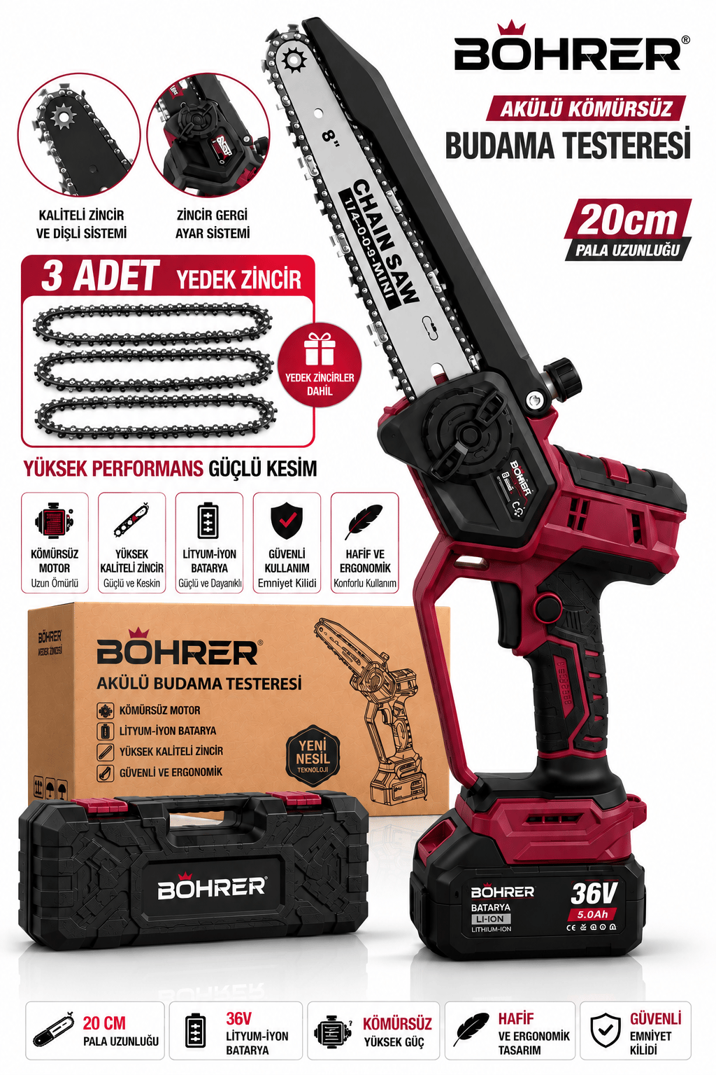 Böhrer 36V 8 İnç Akülü Budama Testeresi – Kömürsüz Motorlu, 3 Yedek Zincirli