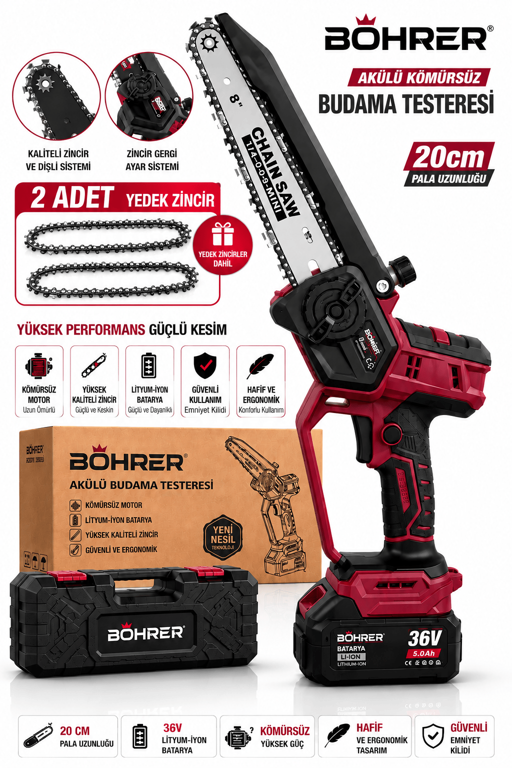 Böhrer 36V 8 İnç Akülü Budama Testeresi – Kömürsüz Motorlu, 2 Yedek Zincirli