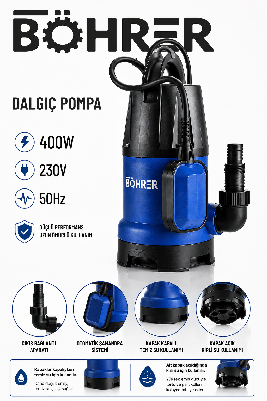 BÖHRER 400W Şamandıralı Dalgıç Su Pompası Temiz ve Kirli Su Drenaj Pompası 230V 50Hz