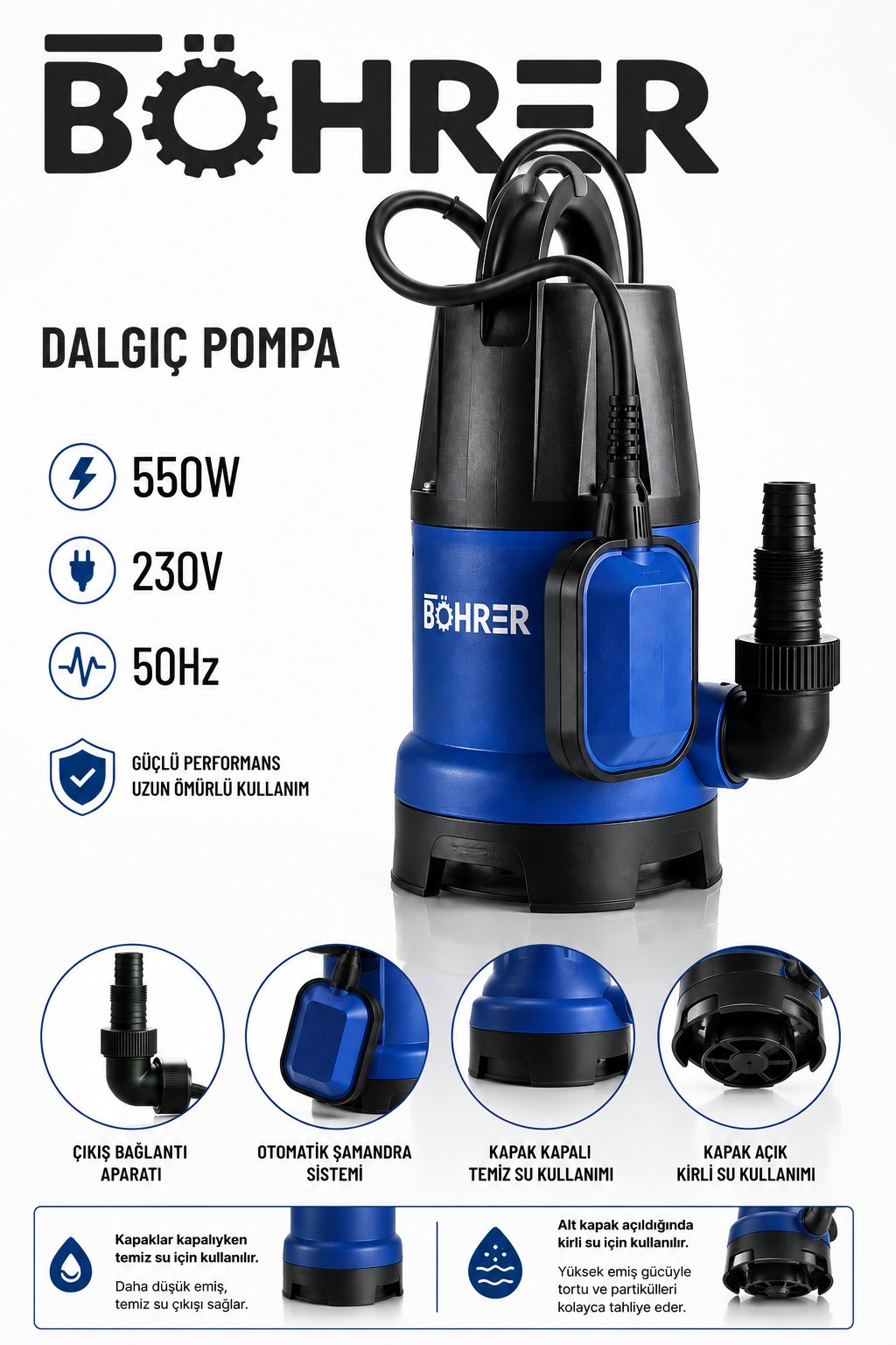 BÖHRER 550W Şamandıralı Dalgıç Su Pompası Temiz ve Kirli Su Drenaj Pompası 230V 50Hz